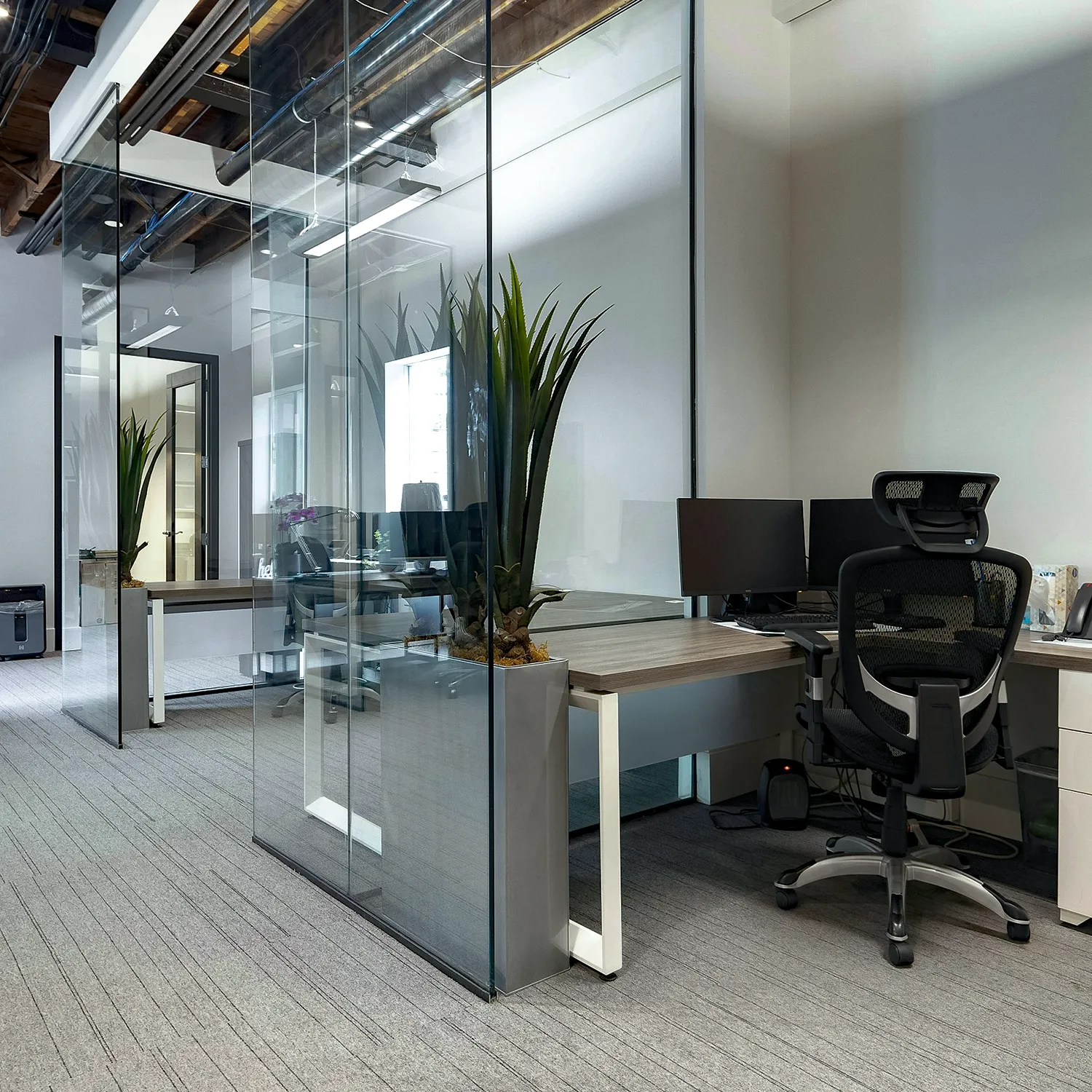 An image of an office with white walls, black office furniture and computers on a desk. There is also a plant and glass partitions.