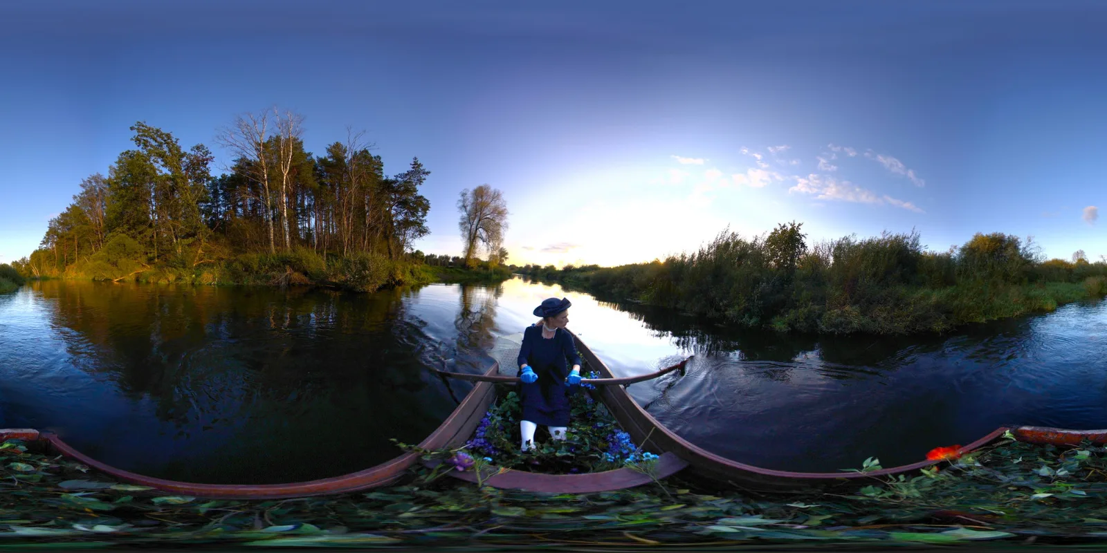 The Unknown – 360-degree black-and-white panorama of a river with trees on the far bank