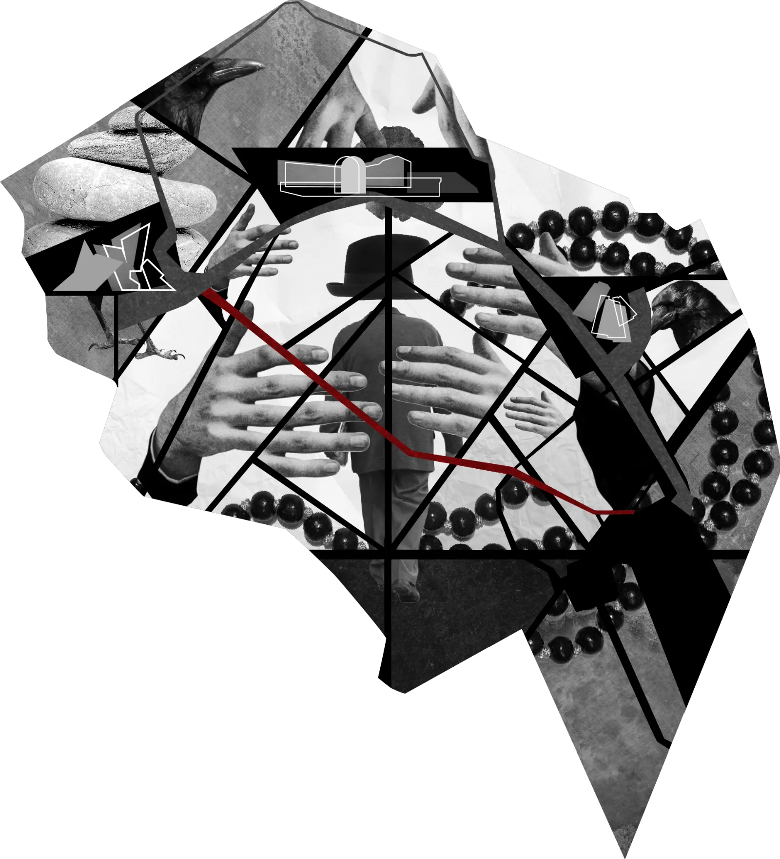 Kosmos App – app visual: a shattered collage of hands and figures