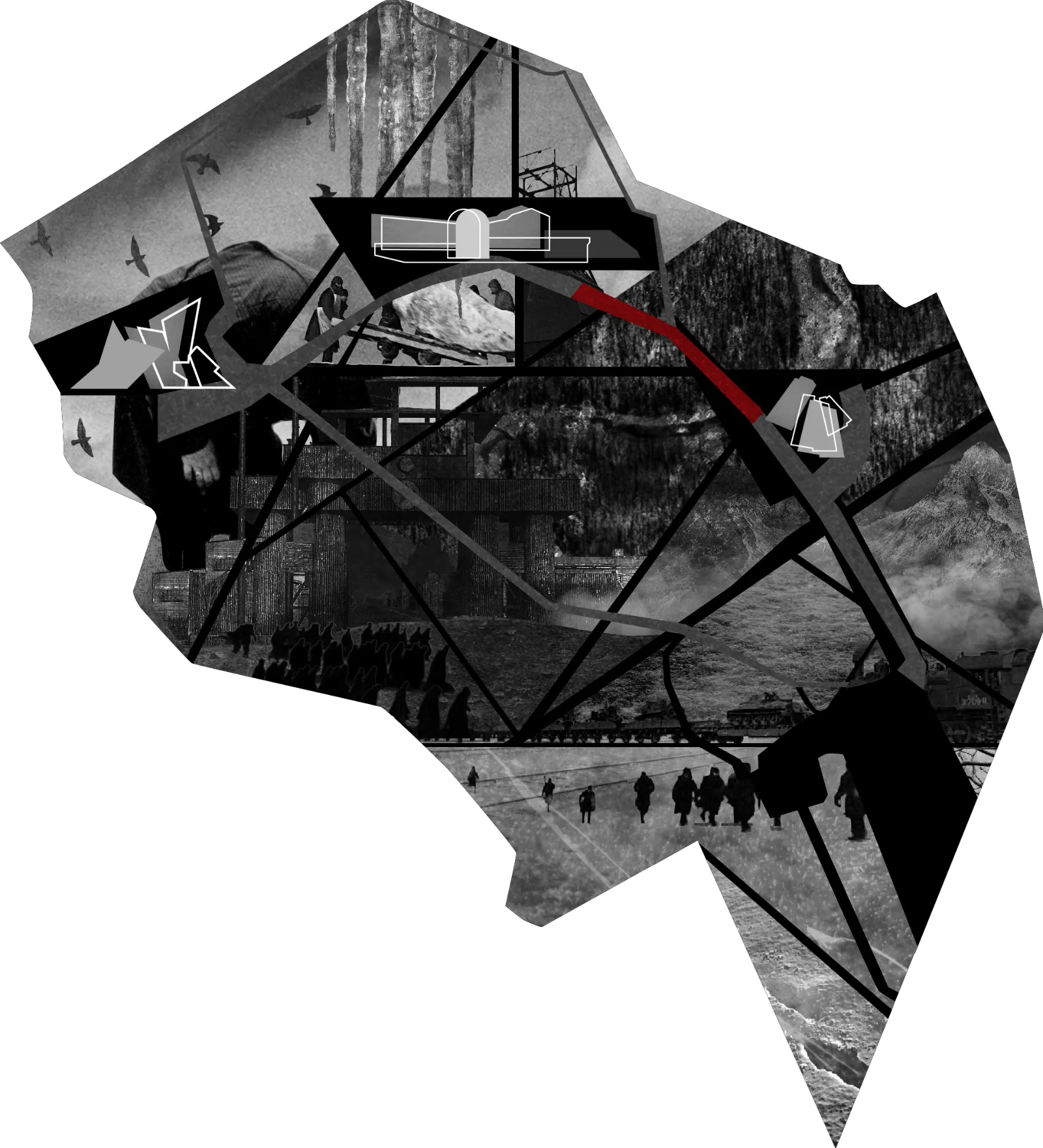 Kosmos App – app visual: a shattered collage with crowd and city fragments
