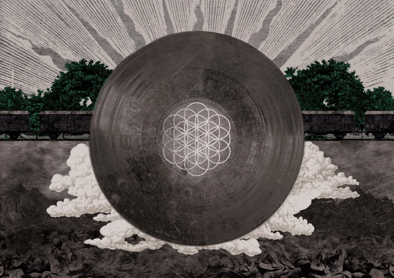 Kosmos App – app visual: a large dark disc with a geometric flower pattern rising above clouds and a landscape