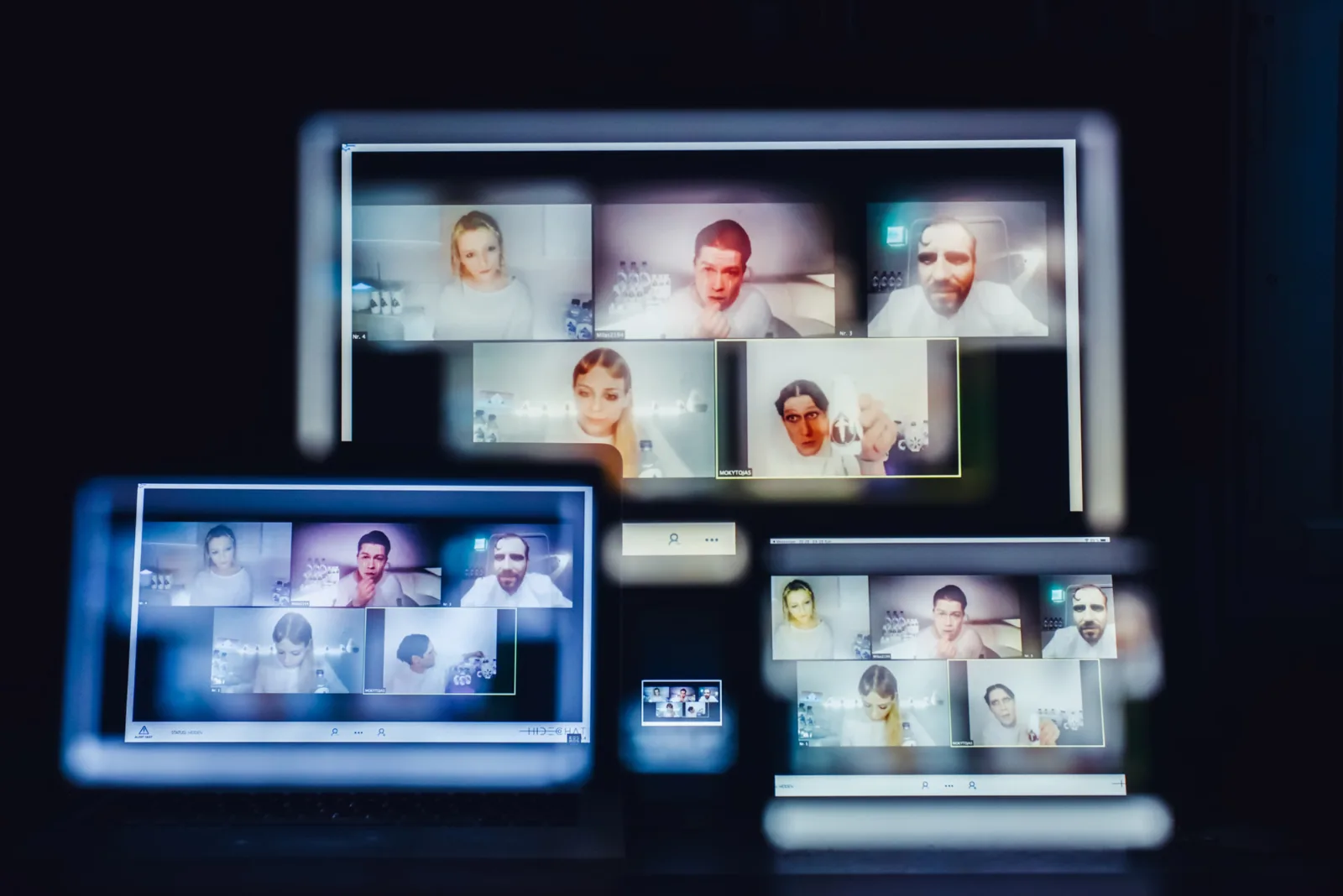 #Protest – the cast on video calls shown on several screens