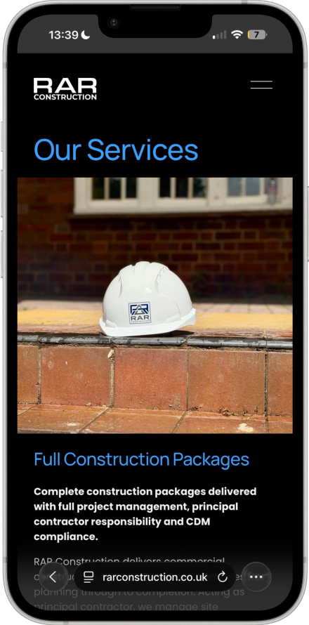 RAR Construction mobile services page displayed on a phone.