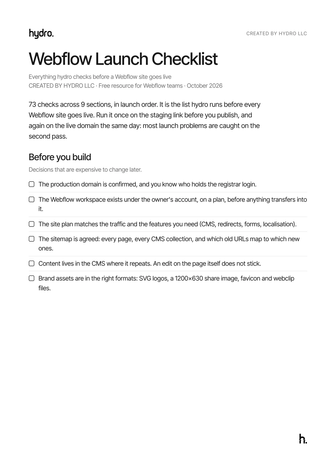 The first page of the hydro Webflow launch checklist PDF