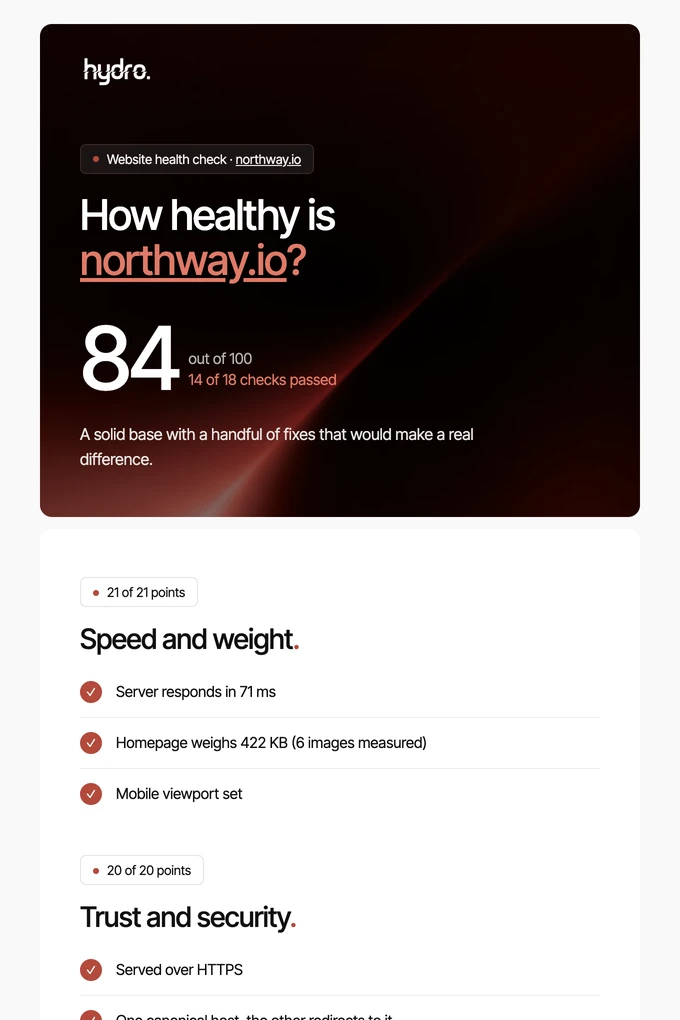 Sample hydro website health check for an example brand, scored 84 out of 100 across fifteen checks