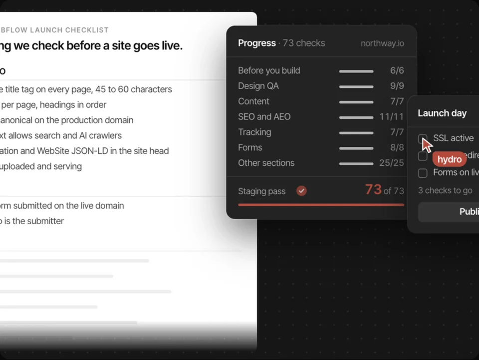 Webflow Launch Checklist by hydro.website premium webflow partner
