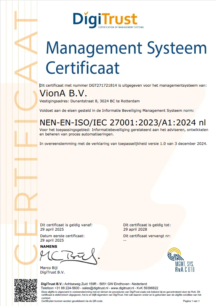 VionA behaalt ISO27001 certificering