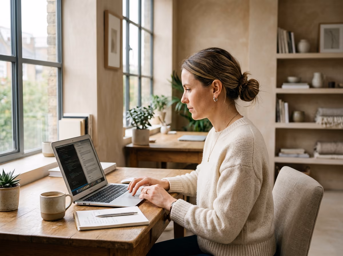 Analyst working on a laptop by a bright window