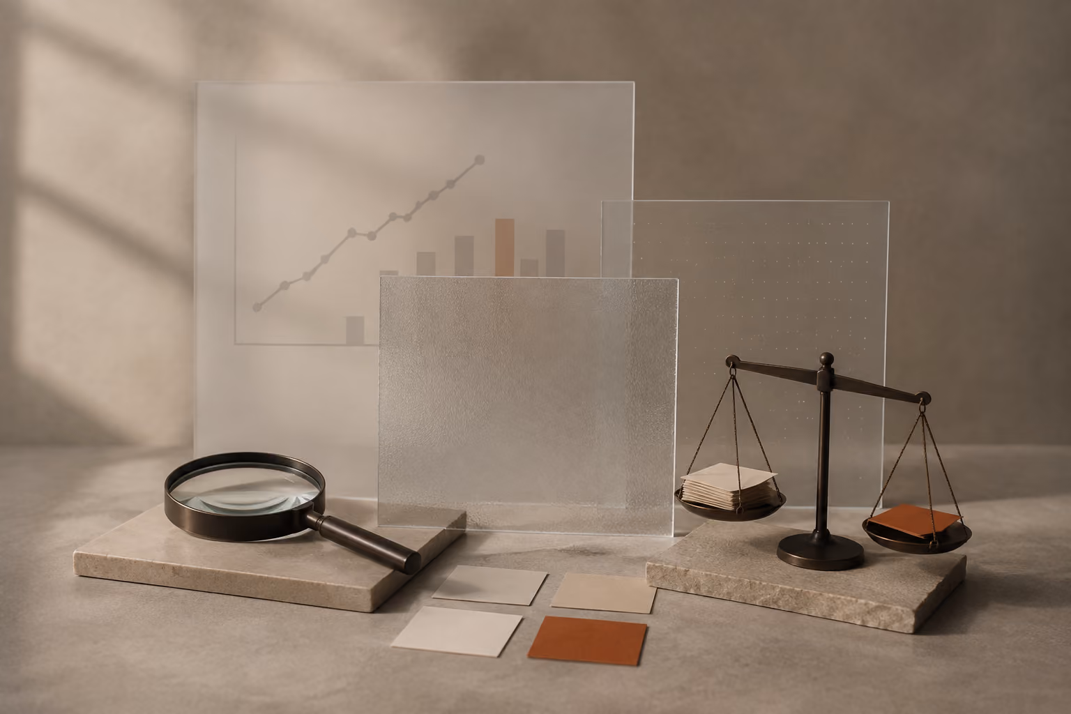 Layered translucent panels, a magnifying lens, and a balance scale representing dashboard context