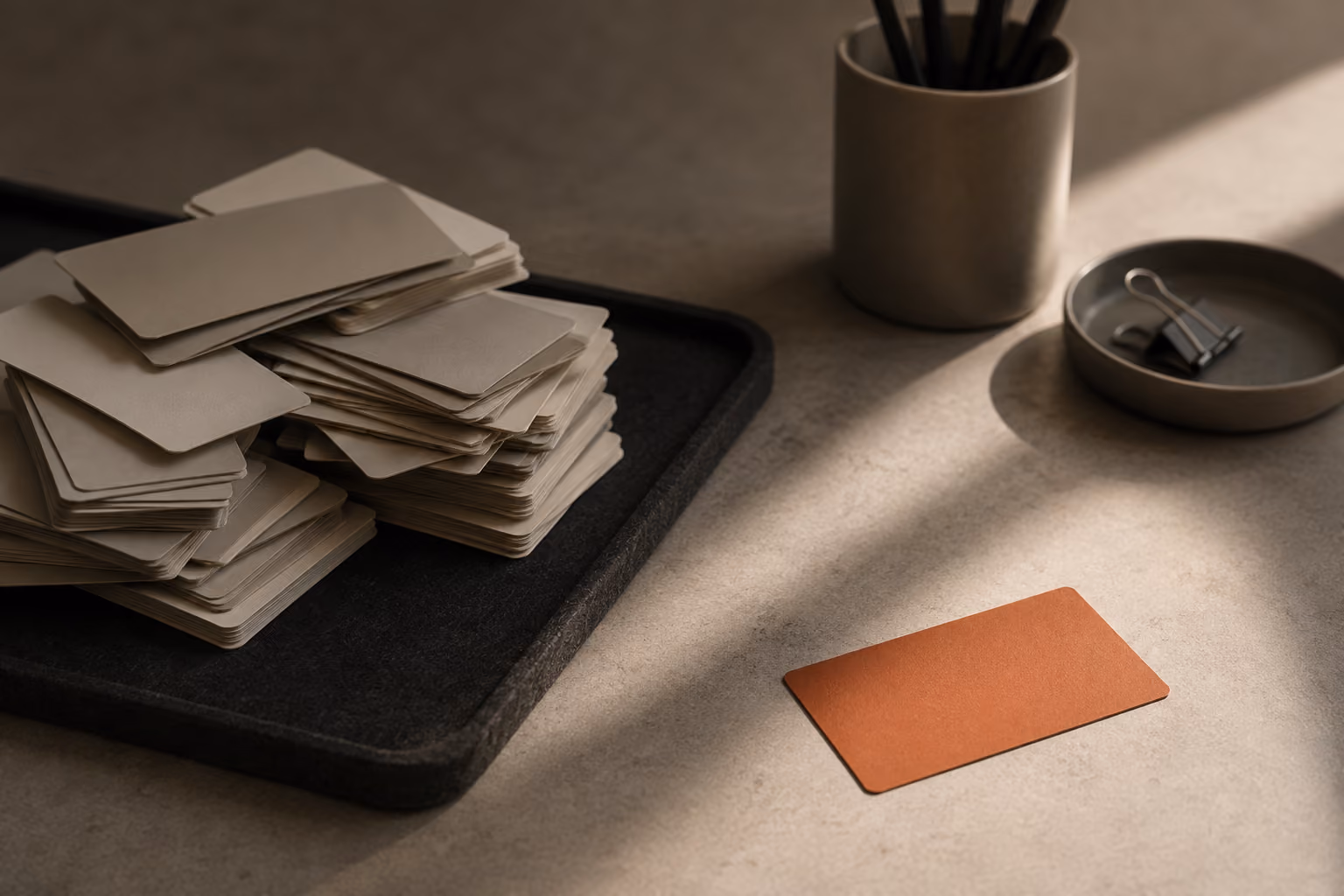 Muted cards gathered on a dark tray with one rust-colored signal card separated in the light