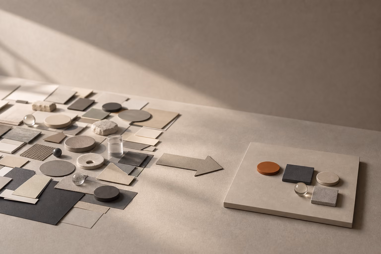 A wide tabletop arrangement narrowing many neutral objects into a small representative set