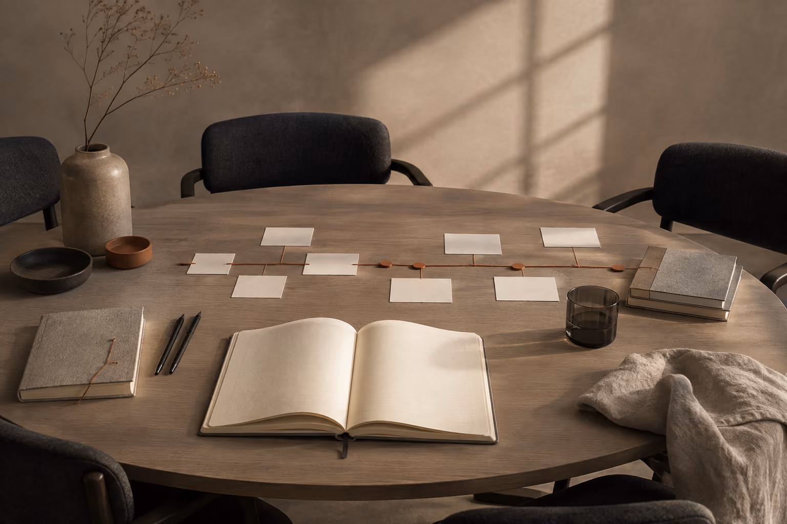 An open notebook and blank timeline cards arranged around a collaborative meeting table