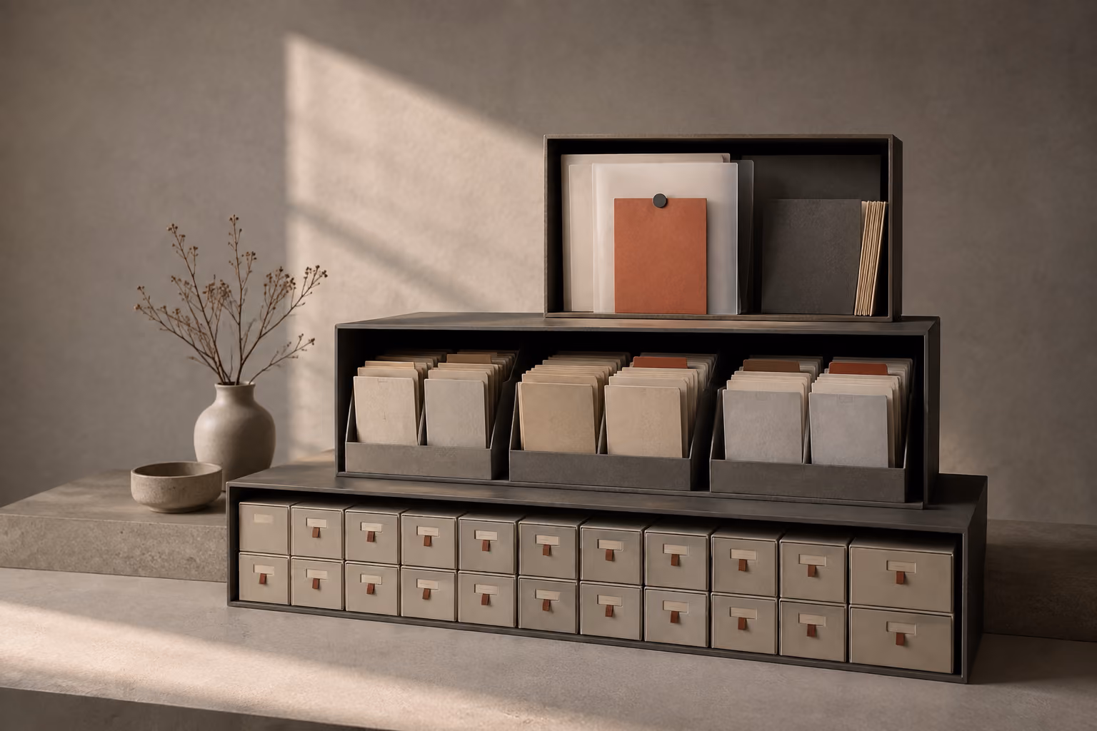 Tiered archival boxes and folders arranged on dark shelves to represent data retention