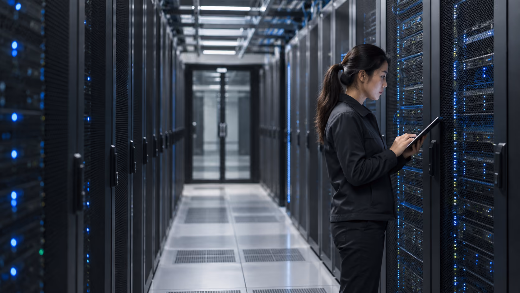 Cloud operations engineer reviewing server racks