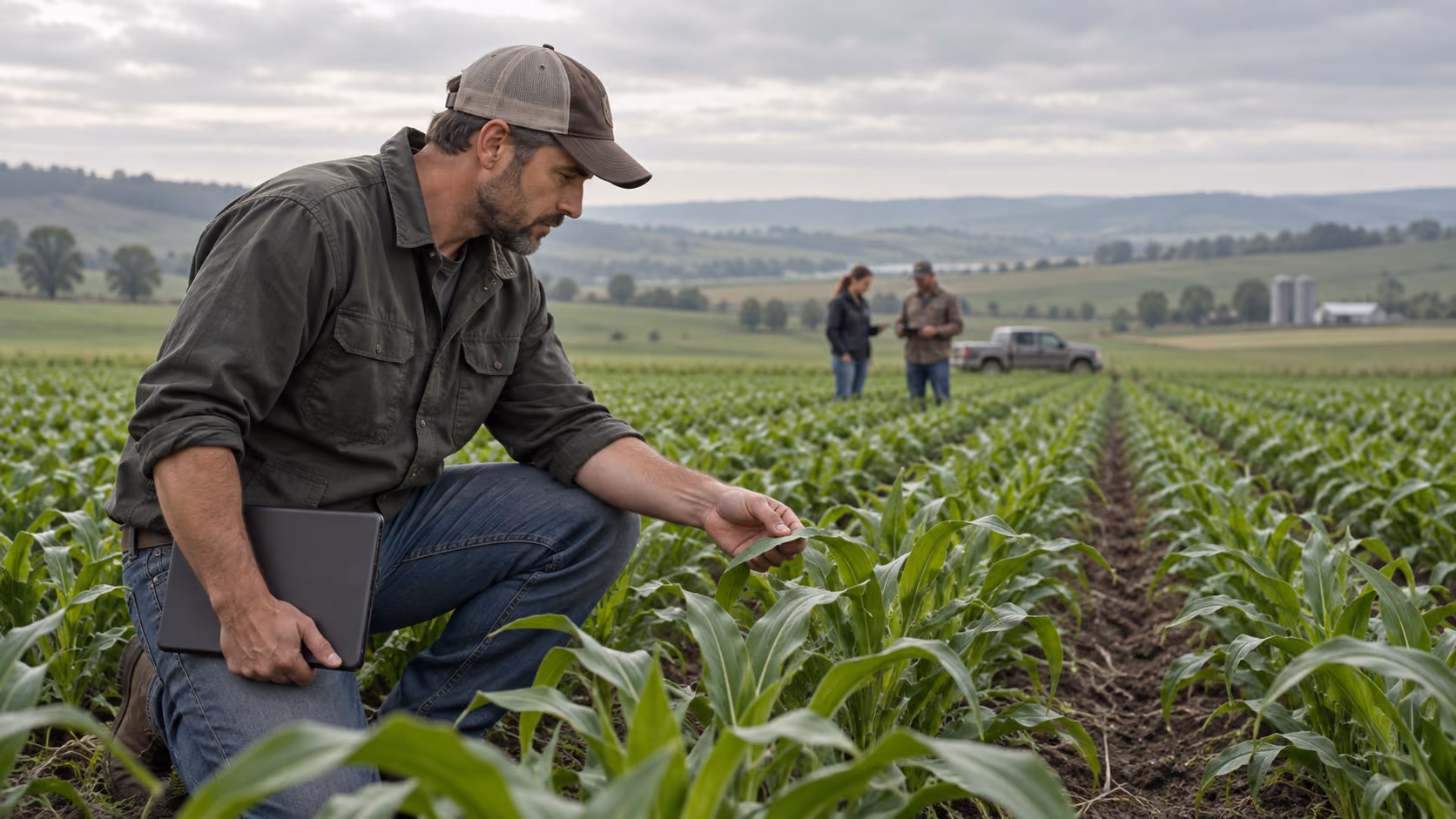Farm operator checking crops and field conditions