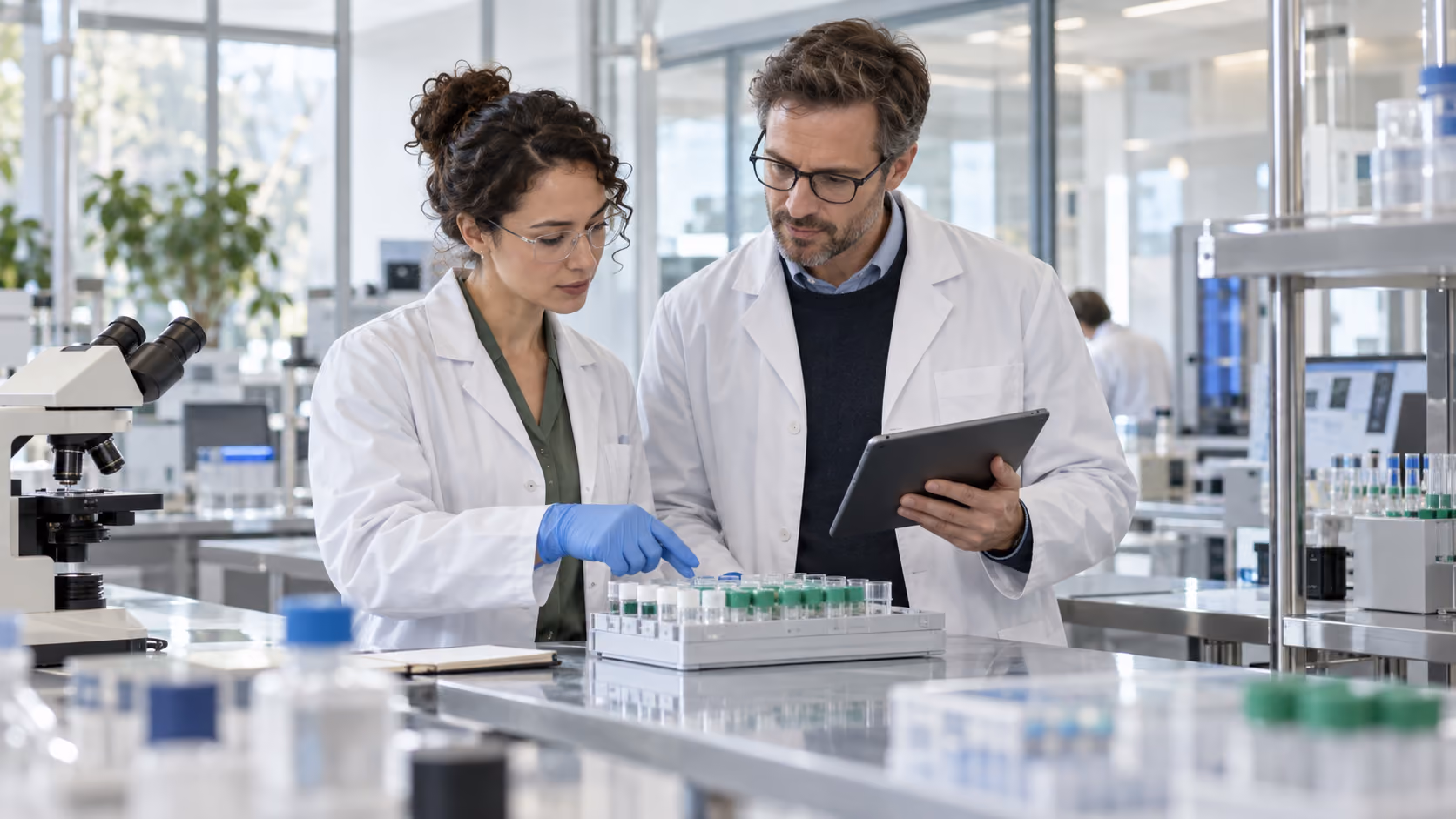 Clinical and data teams reviewing samples in a research lab