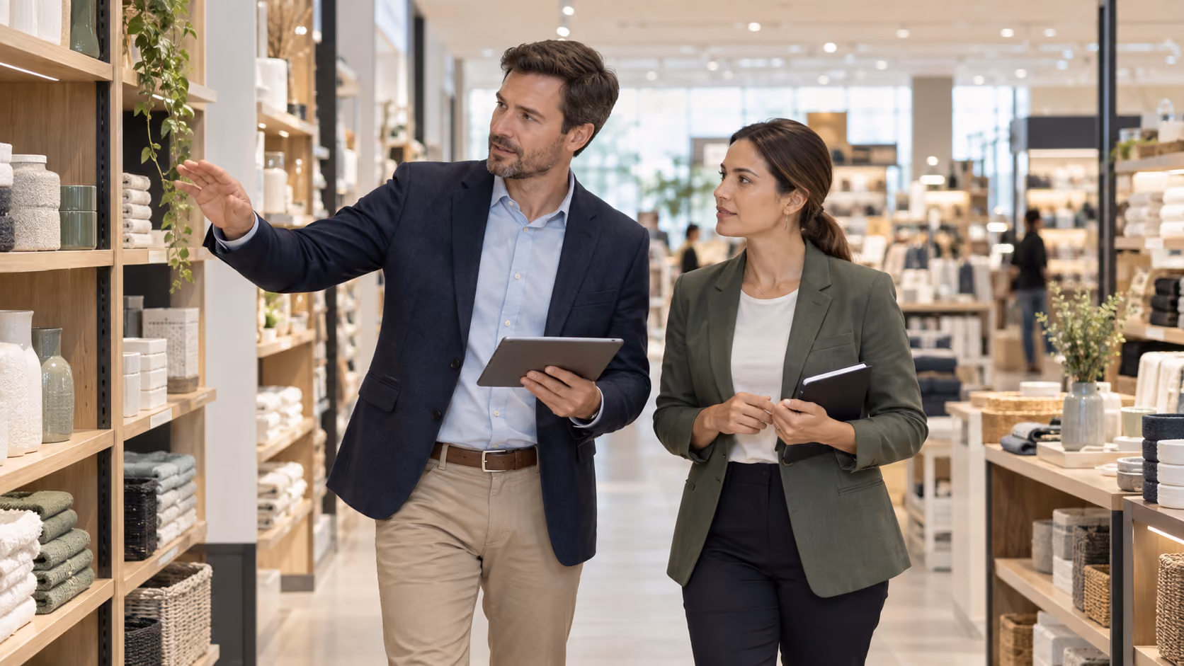 Retail operations leaders inspecting a store aisle