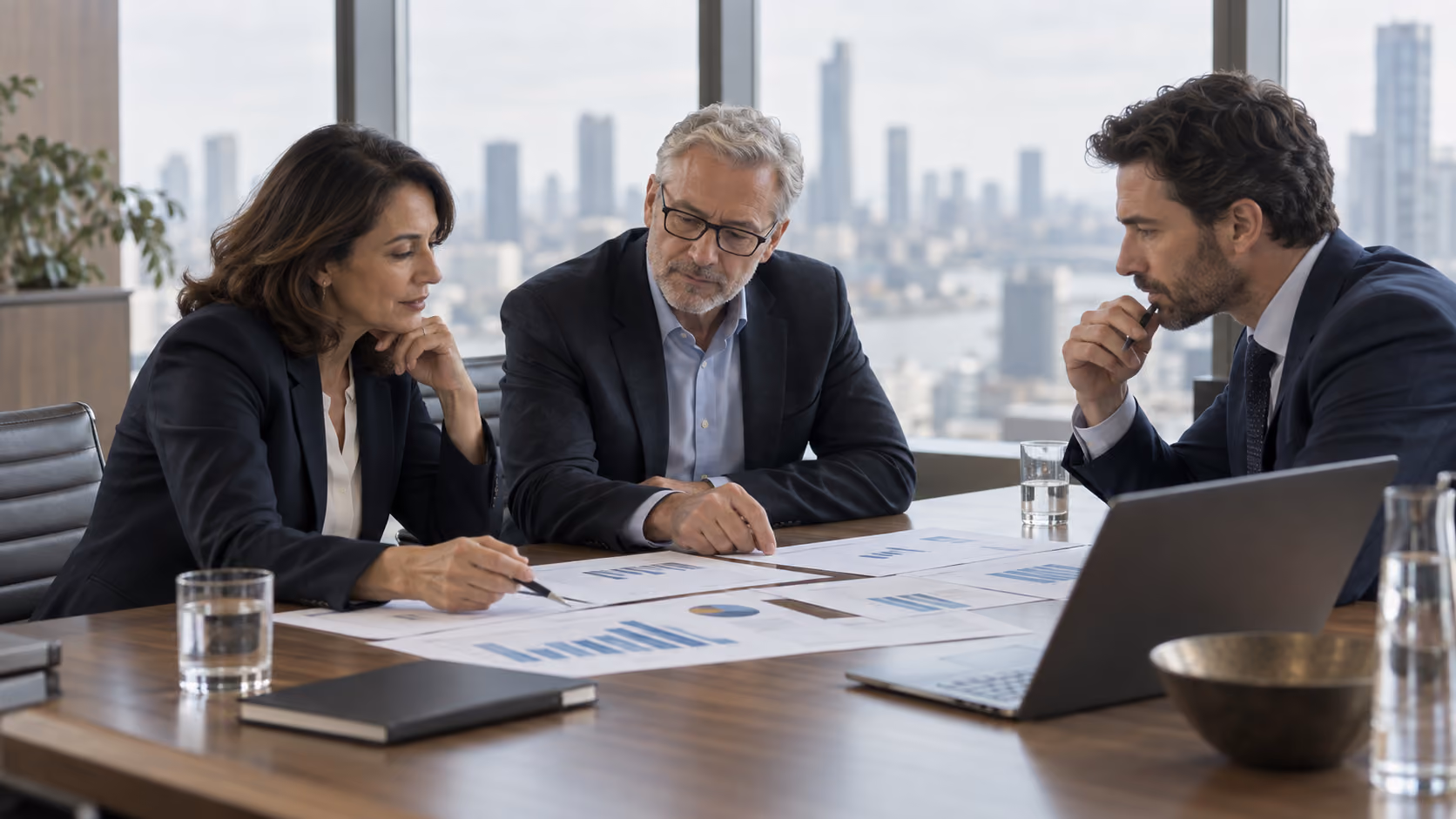 Finance leaders reviewing portfolio charts in a meeting