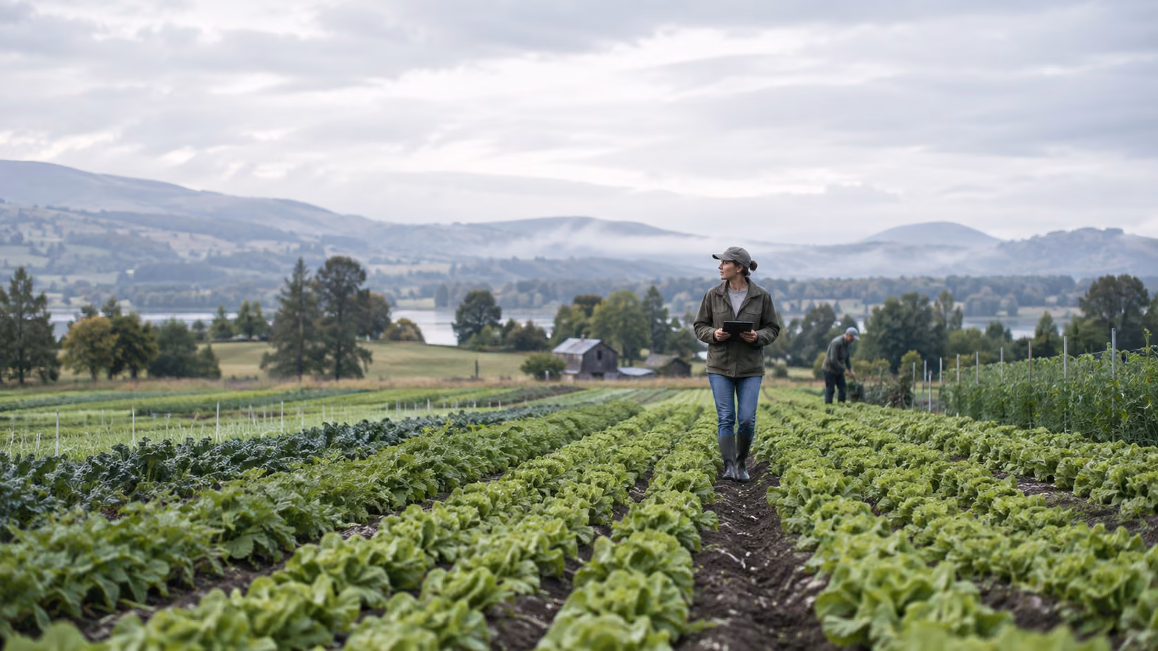 Agricultural operator reviewing crop rows in a field