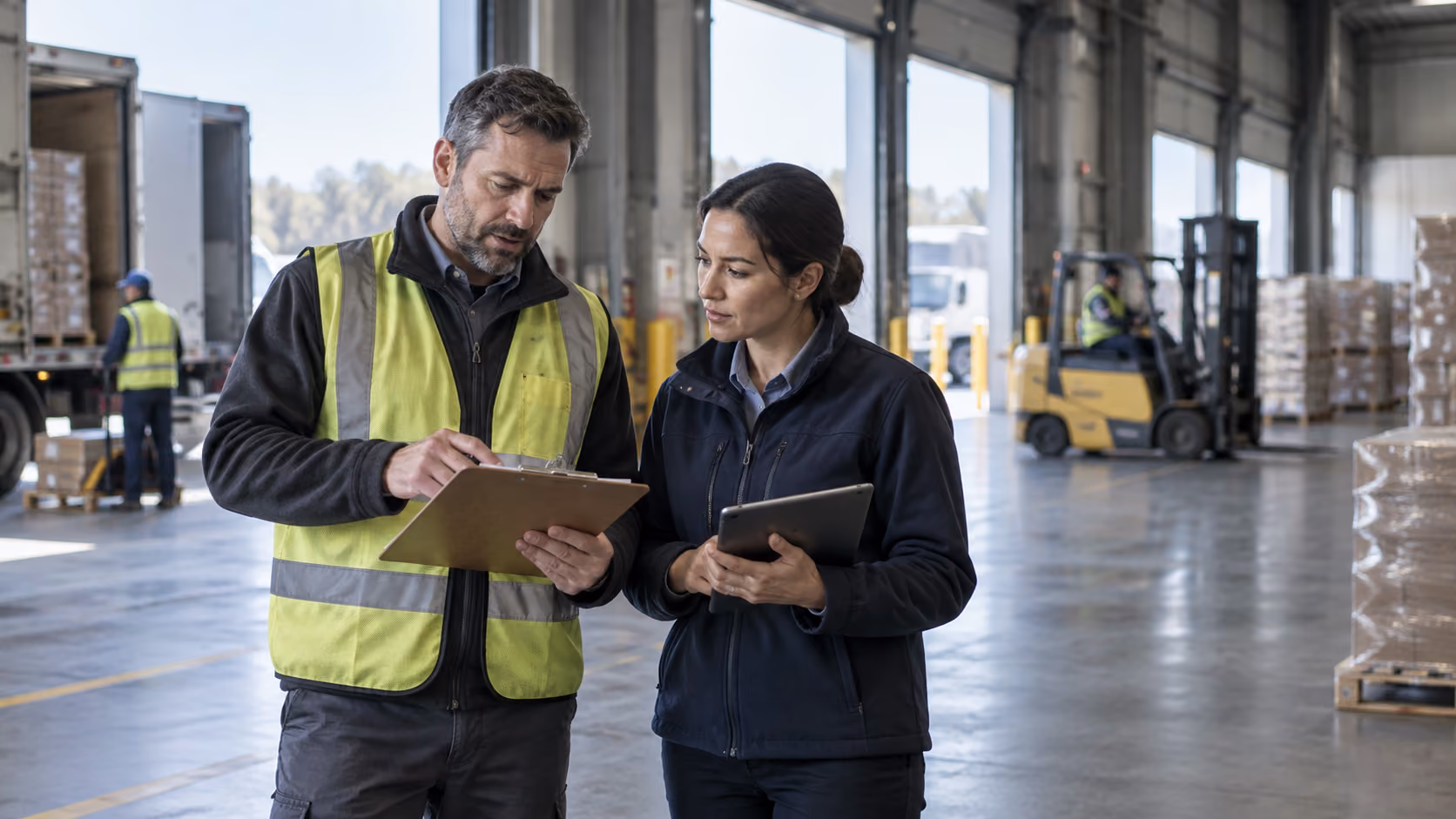 Logistics team reviewing freight plans in a distribution center