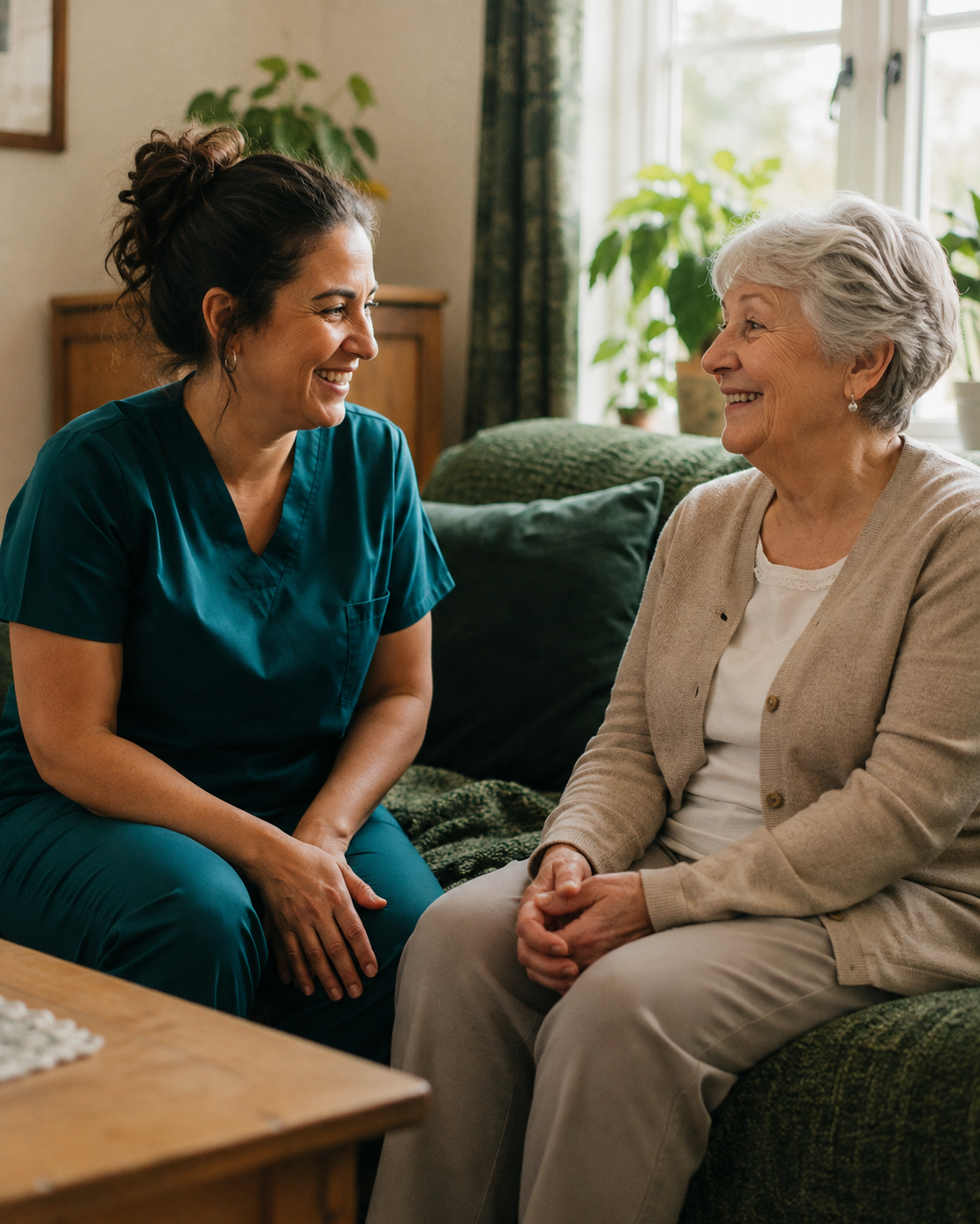 A care professional and an older woman sharing a warm moment at home