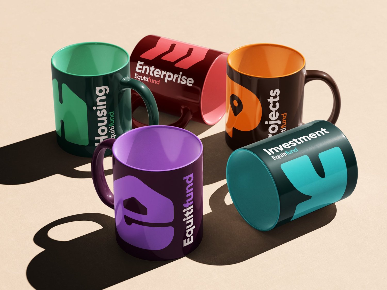 Equitifund sub-brand mugs in Housing, Enterprise, Projects, Investment and masterbrand colours