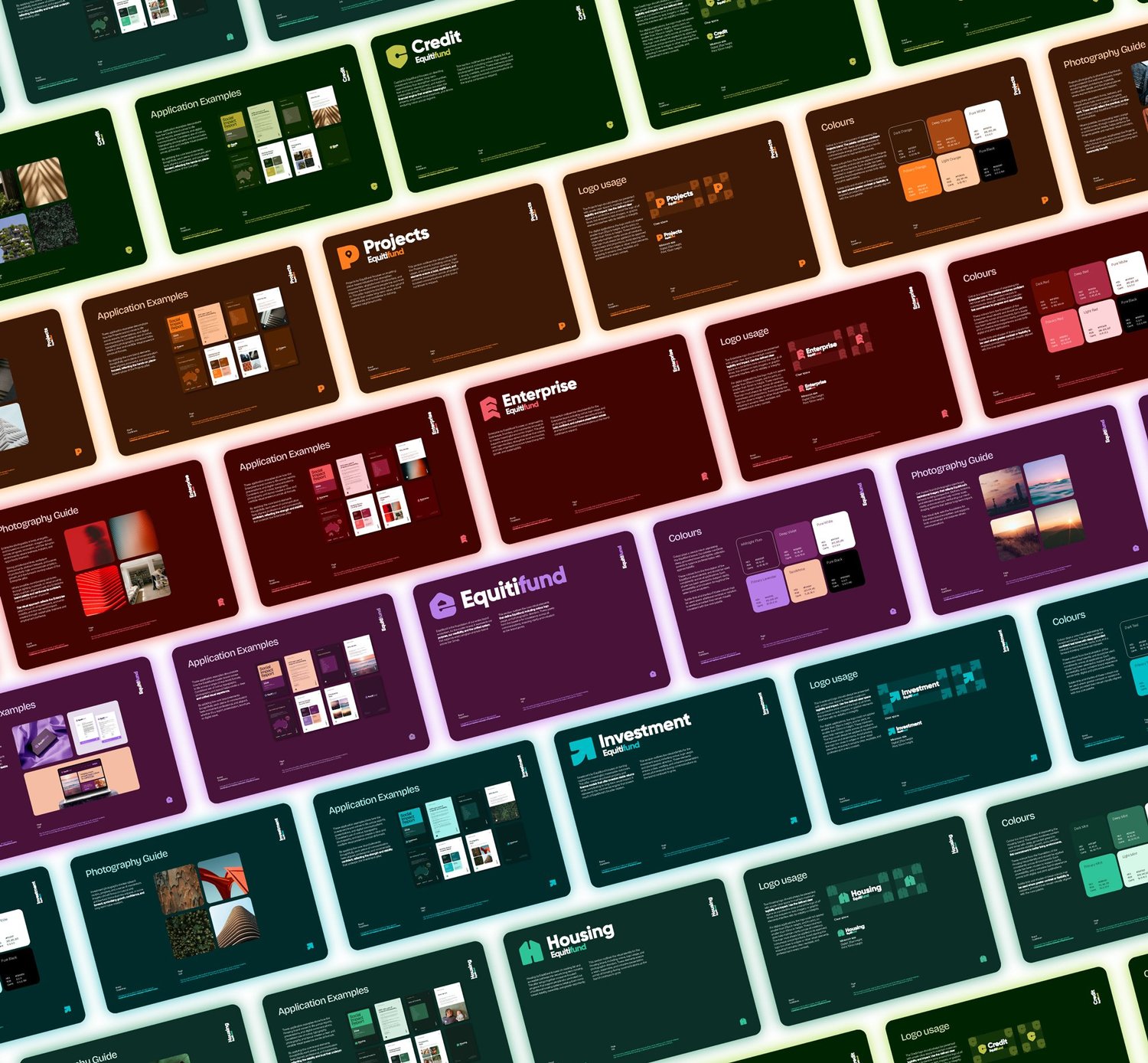 Equitifund brand guidelines spreads across all five sub-brands