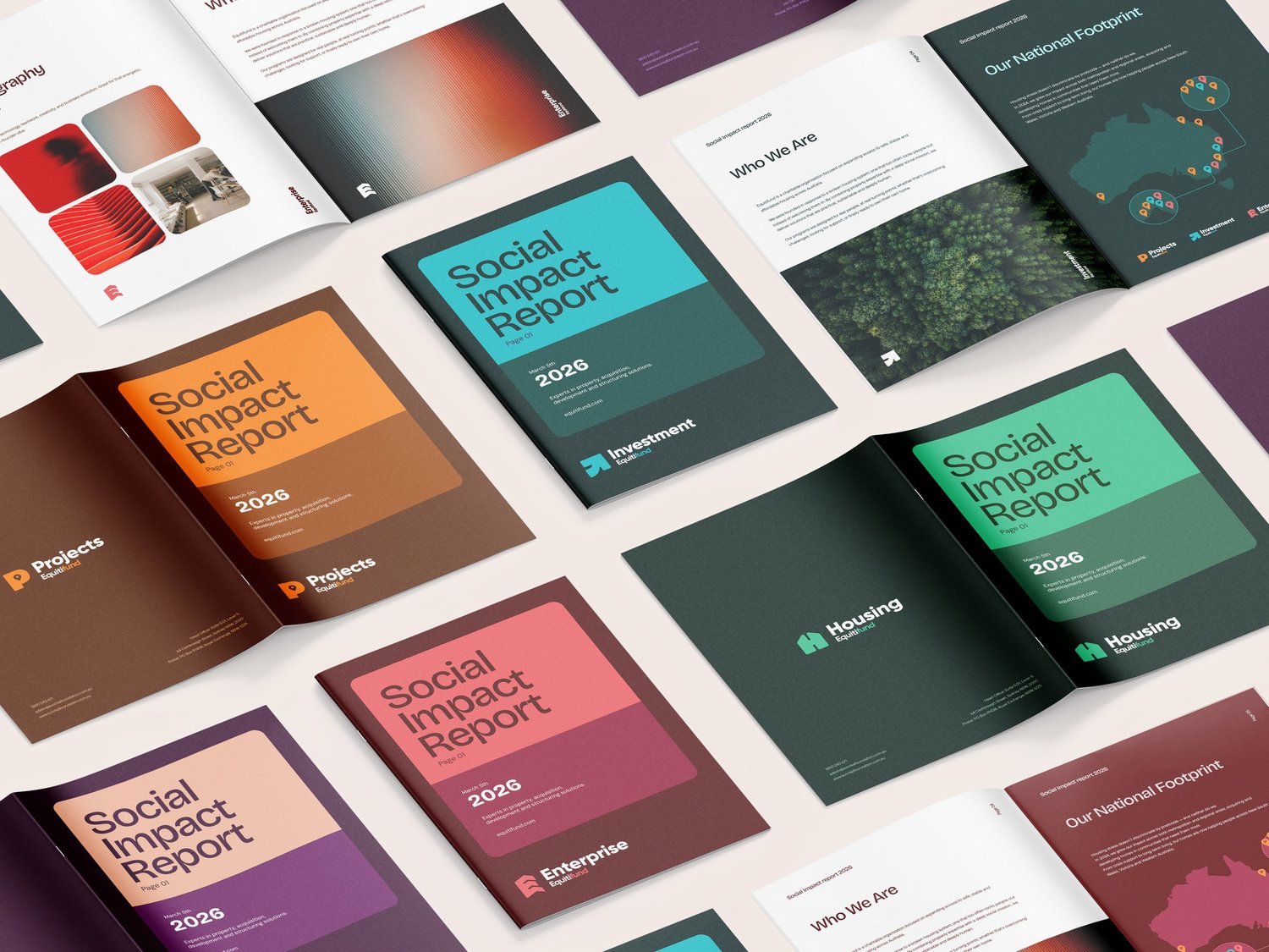 Equitifund Social Impact Report covers and spreads across the five sub-brands