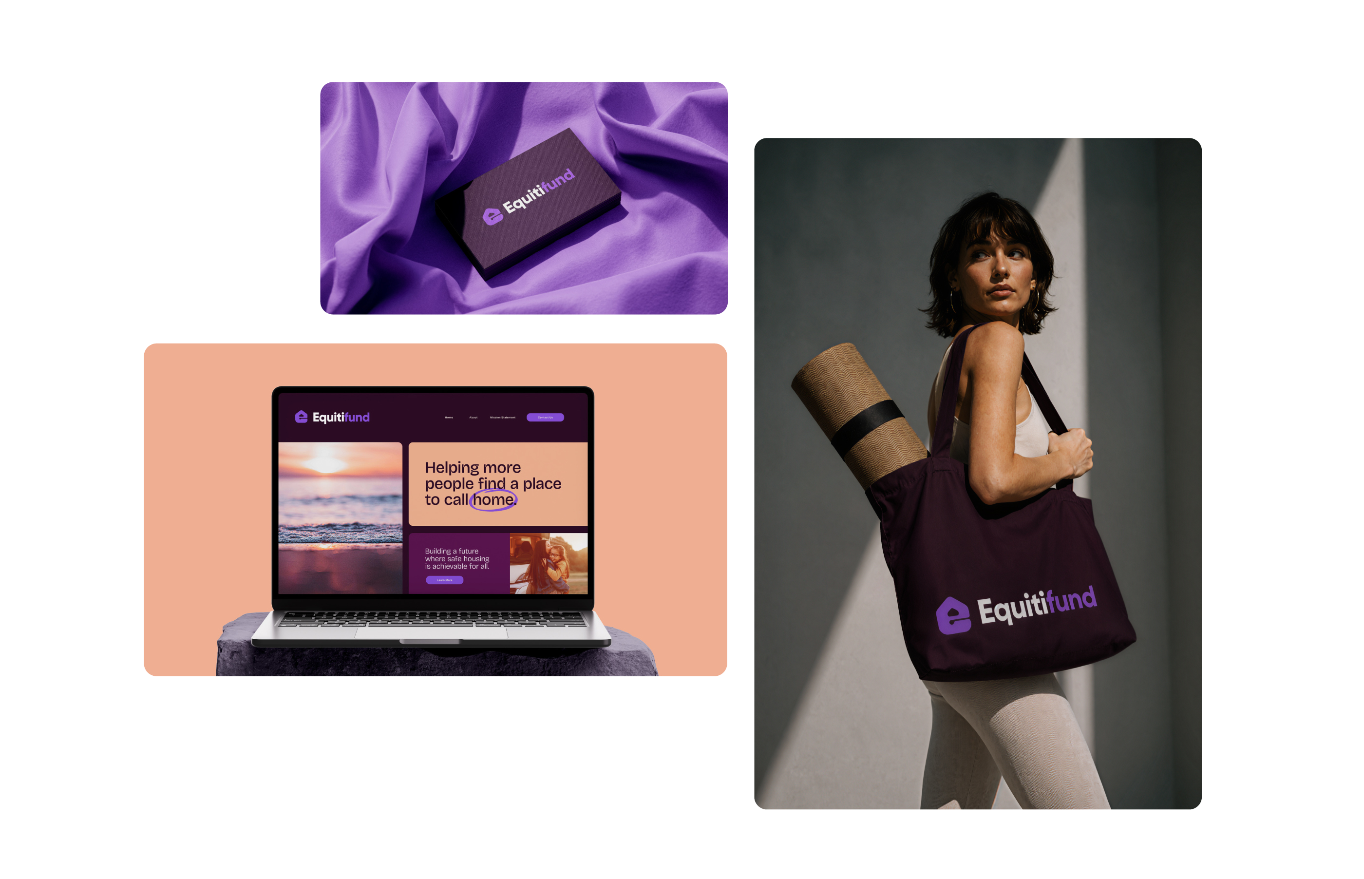 Equitifund brand collateral: business card, website and tote