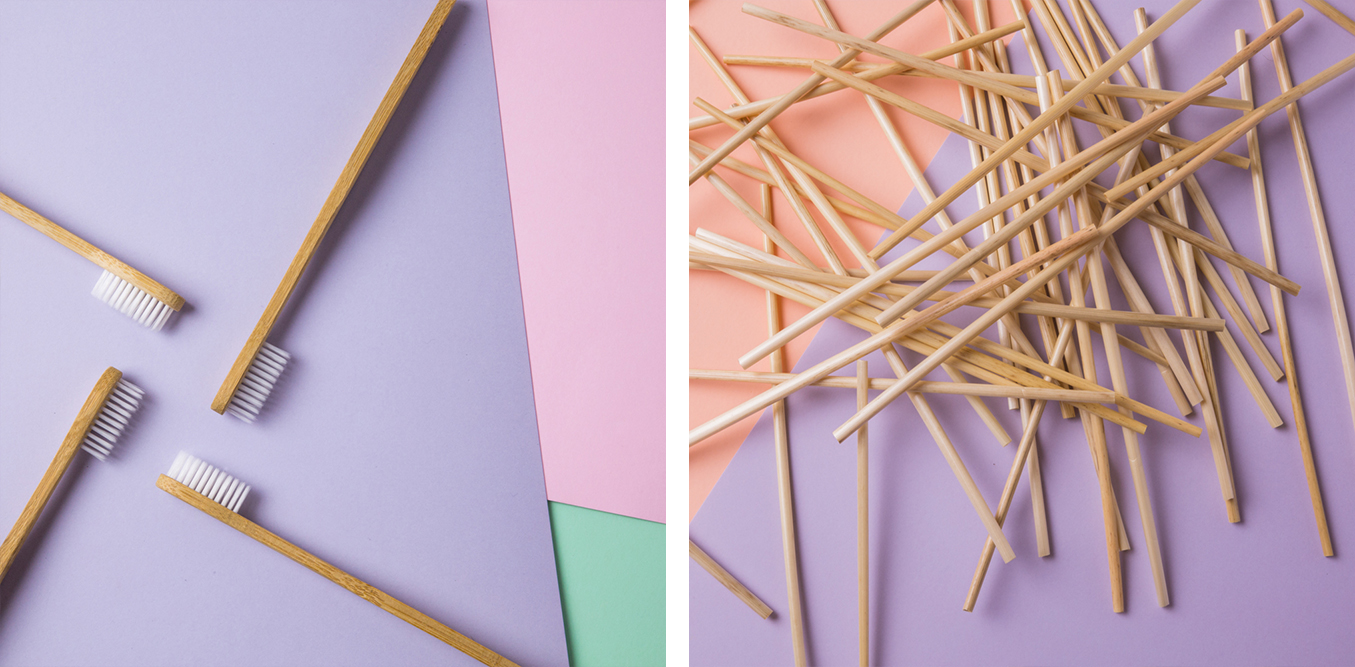 Bamboo toothbrushes on pastel grounds