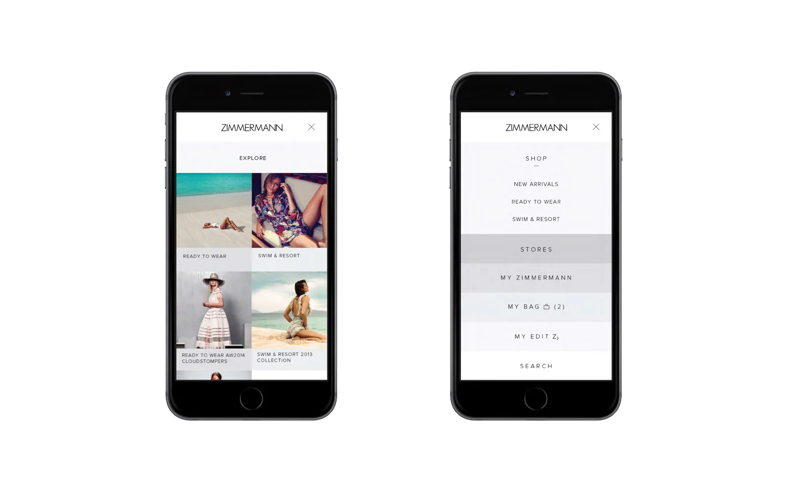 Zimmermann explore and menu screens on mobile