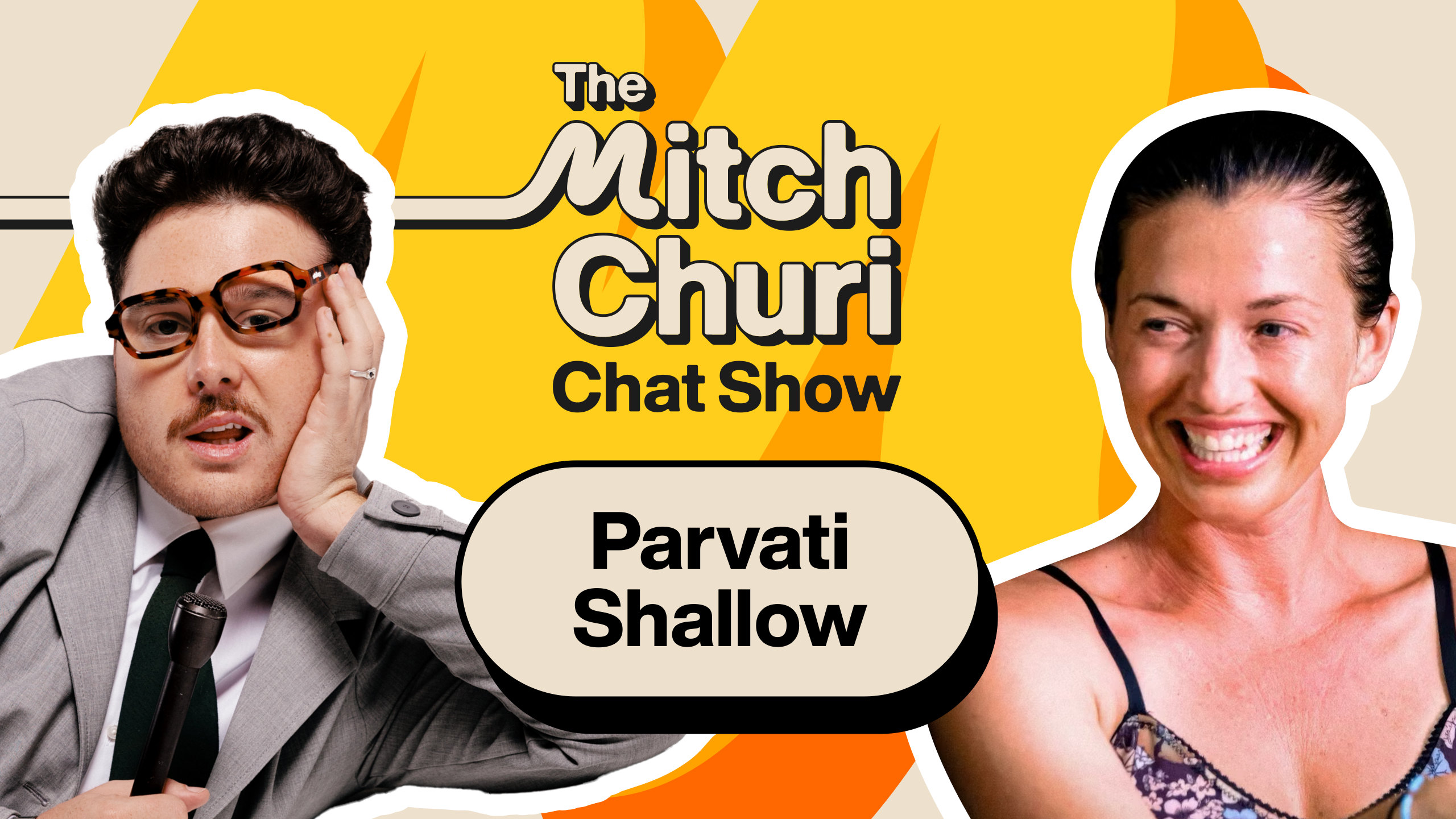 Guest thumbnail: Mitch and a laughing guest, the guest’s name in a cream pill