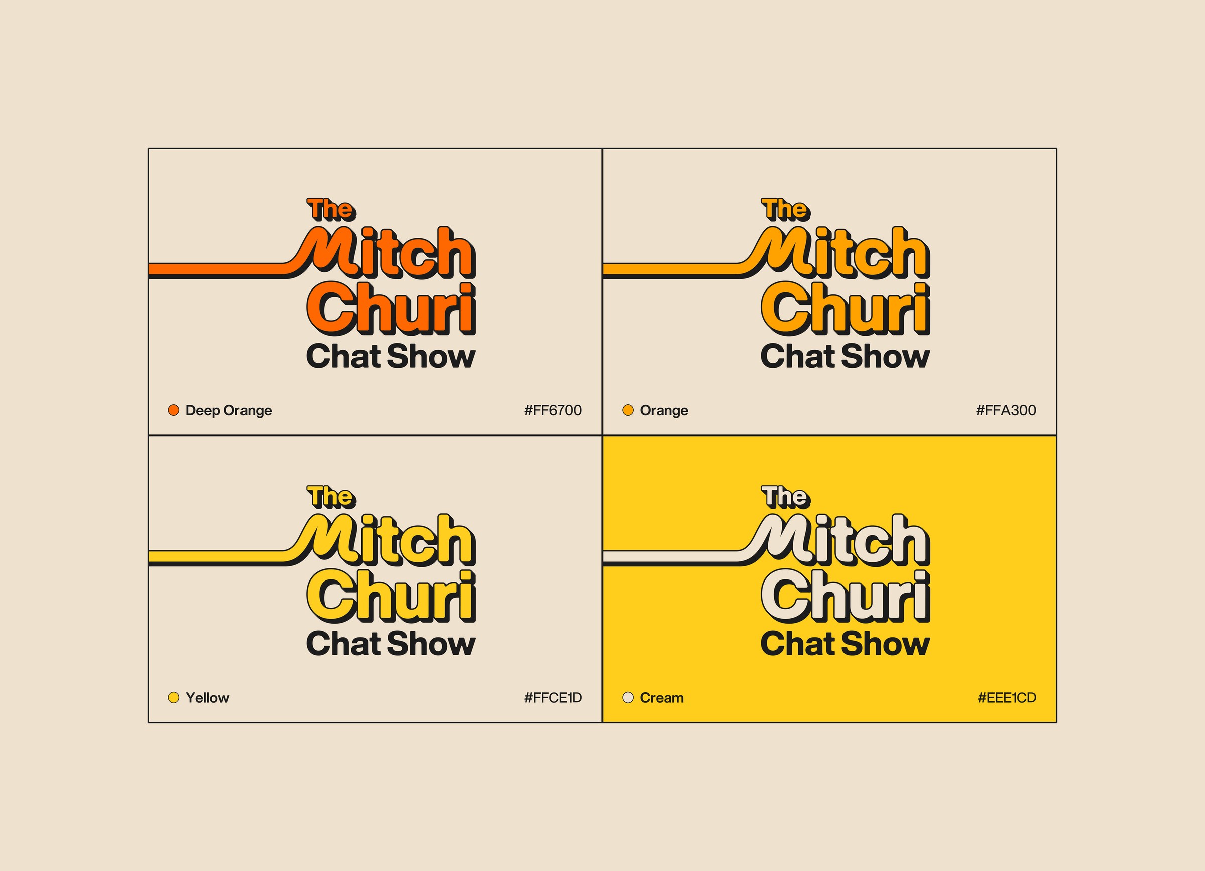 The Mitch Churi Chat Show logo in deep orange, orange, yellow and cream