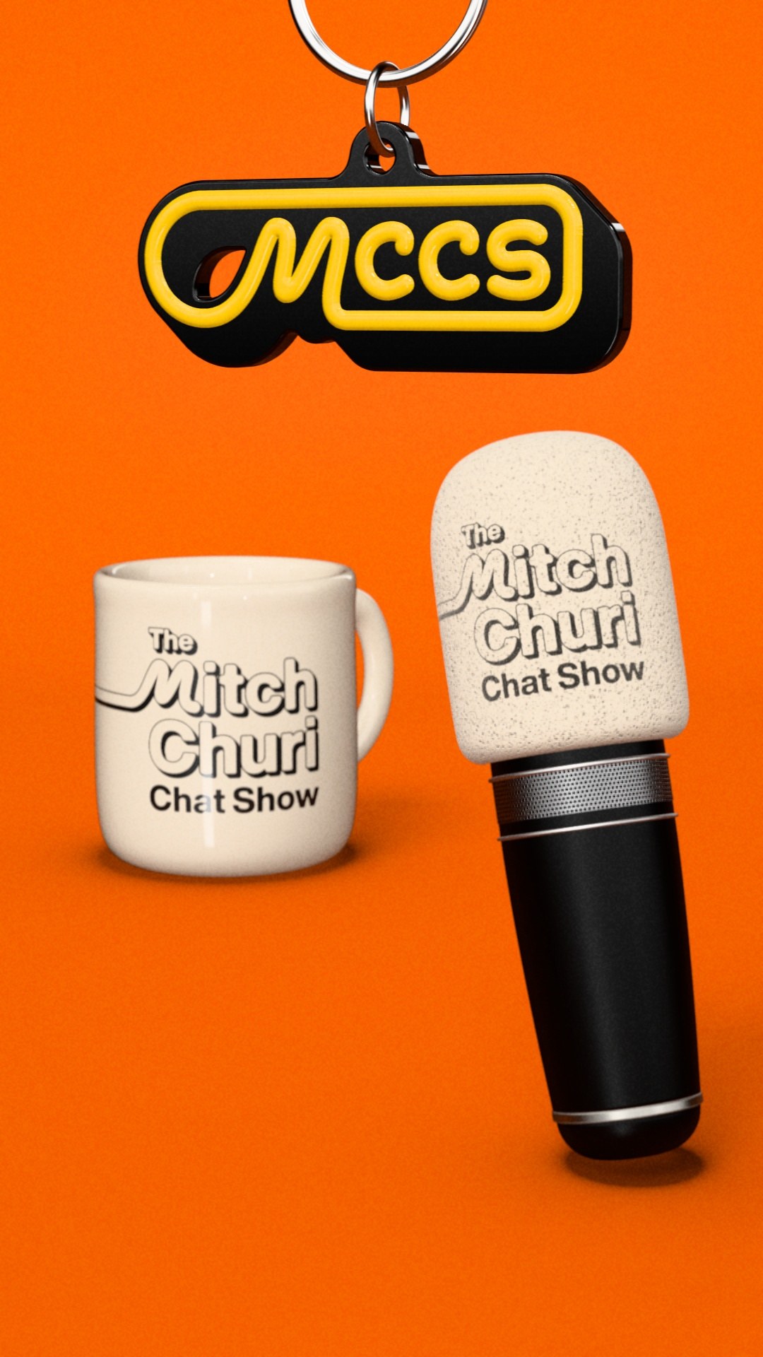 Still from the brand reel: an MCCS keyring, a diner mug and a foam mic cover with the logo