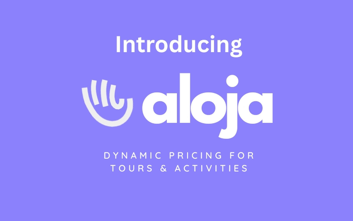 The Aloja wordmark on a purple field, above the line dynamic pricing for tours and activities.