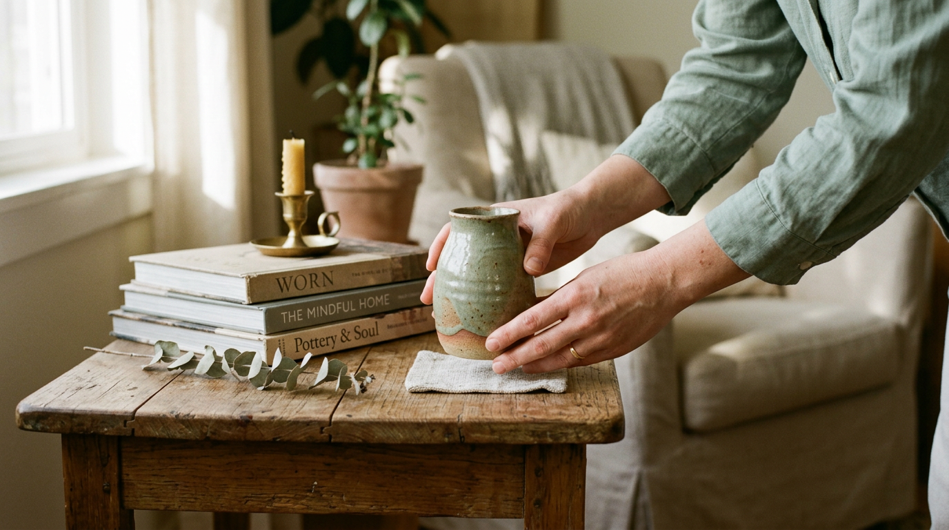 A person in a green shirt places a handmade ceramic cup on a cloth coaster on a rustic wooden table next to a stack of books titled 'Worn,' 'The Mindful Home,' and 'Pottery & Soul,' with a dried eucalyptus branch and a brass candle holder with a yellow candle also on the table.