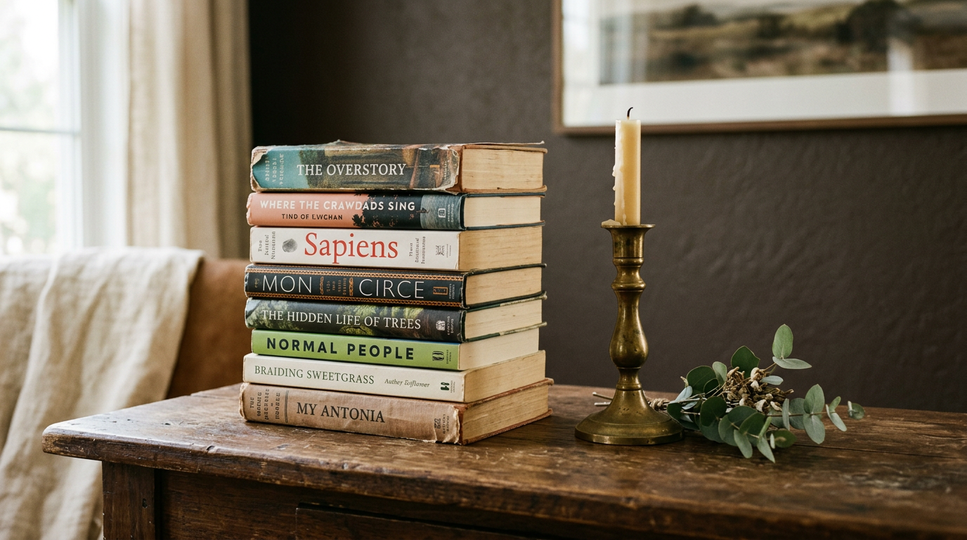 Stack of eight books including titles like The Overstory, Where the Crawdads Sing, Sapiens, Circe, The Hidden Life of Trees, Normal People, Braiding Sweetgrass, and My Antonia on a wooden table next to a brass candlestick with an unlit candle and a small green leafy sprig.