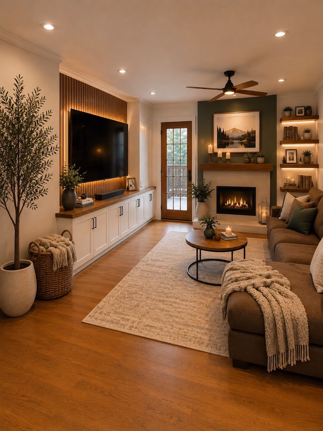 Cozy living room with wooden floor, beige rug, brown sectional sofa with throw blanket, round wooden coffee table with candles, built-in white cabinetry under a wall-mounted TV with backlighting, a fireplace with candles and plants on the mantel, framed landscape art above the fireplace, wooden shelving with books and decor, ceiling fan, and a glass door leading outside.
