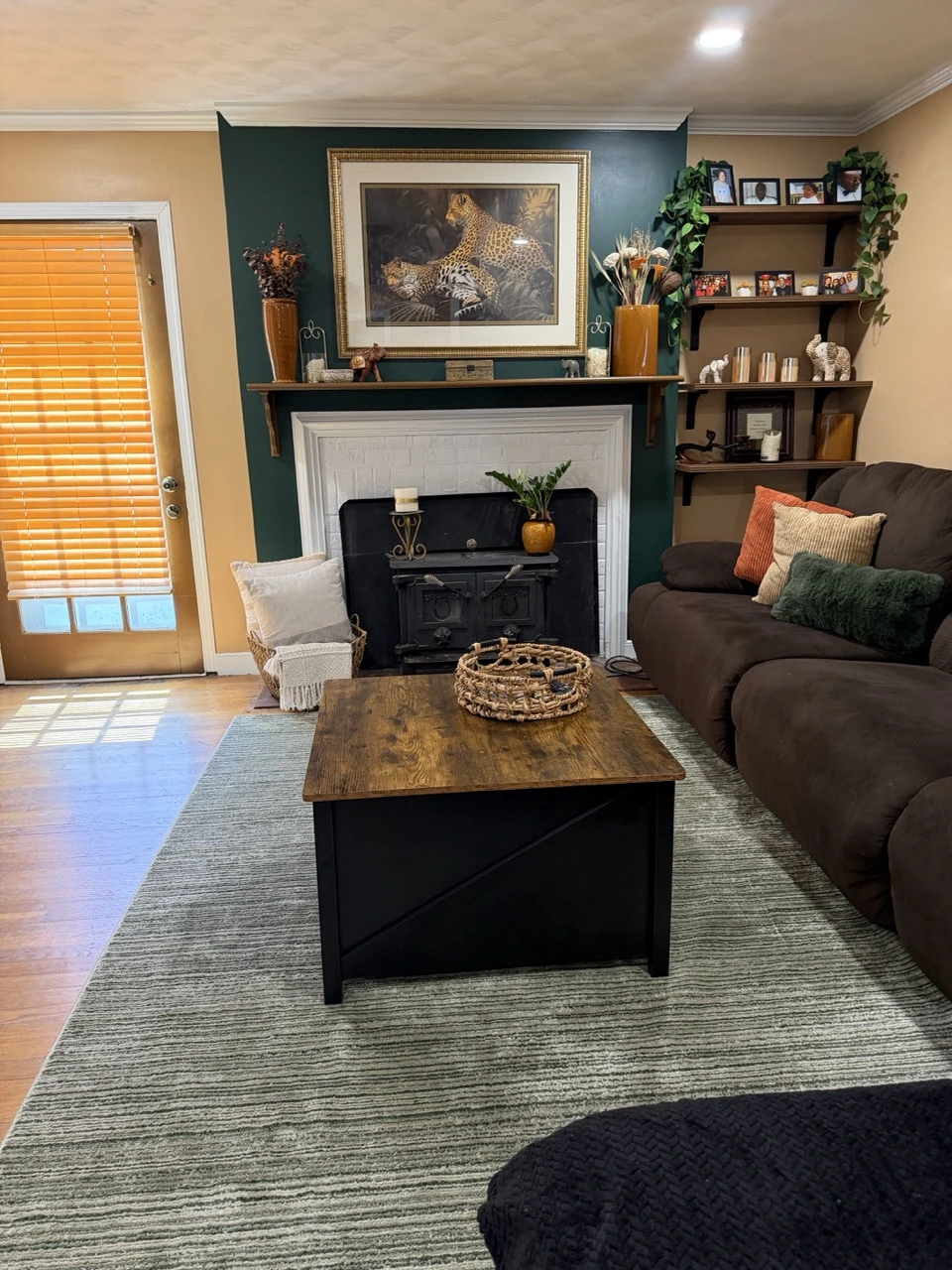 Cozy living room with a brown sofa with textured pillows, a wooden coffee table with a woven basket, and a fireplace with a black stove. Above the fireplace is a large framed picture of two leopards. The fireplace wall is dark green, with shelves on the right holding plants, candles, and framed photos. A door with wooden blinds is on the left, letting in natural light on a gray striped rug.