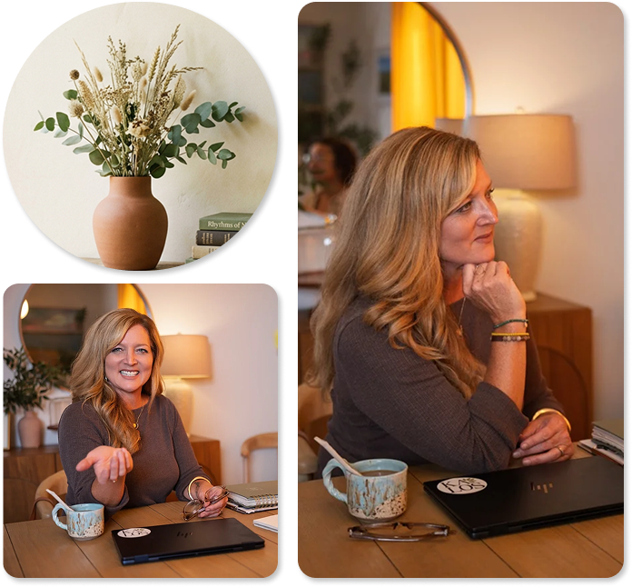 Collage of three images: a terracotta vase with dried flowers and eucalyptus leaves on a wooden surface with stacked books, a woman with long blonde hair wearing a dark sweater smiling and gesturing while sitting at a wooden table with a laptop and ceramic mug, and a side view of the same woman resting her chin on her hand and looking thoughtfully to the side with a lamp and mirror in the background.