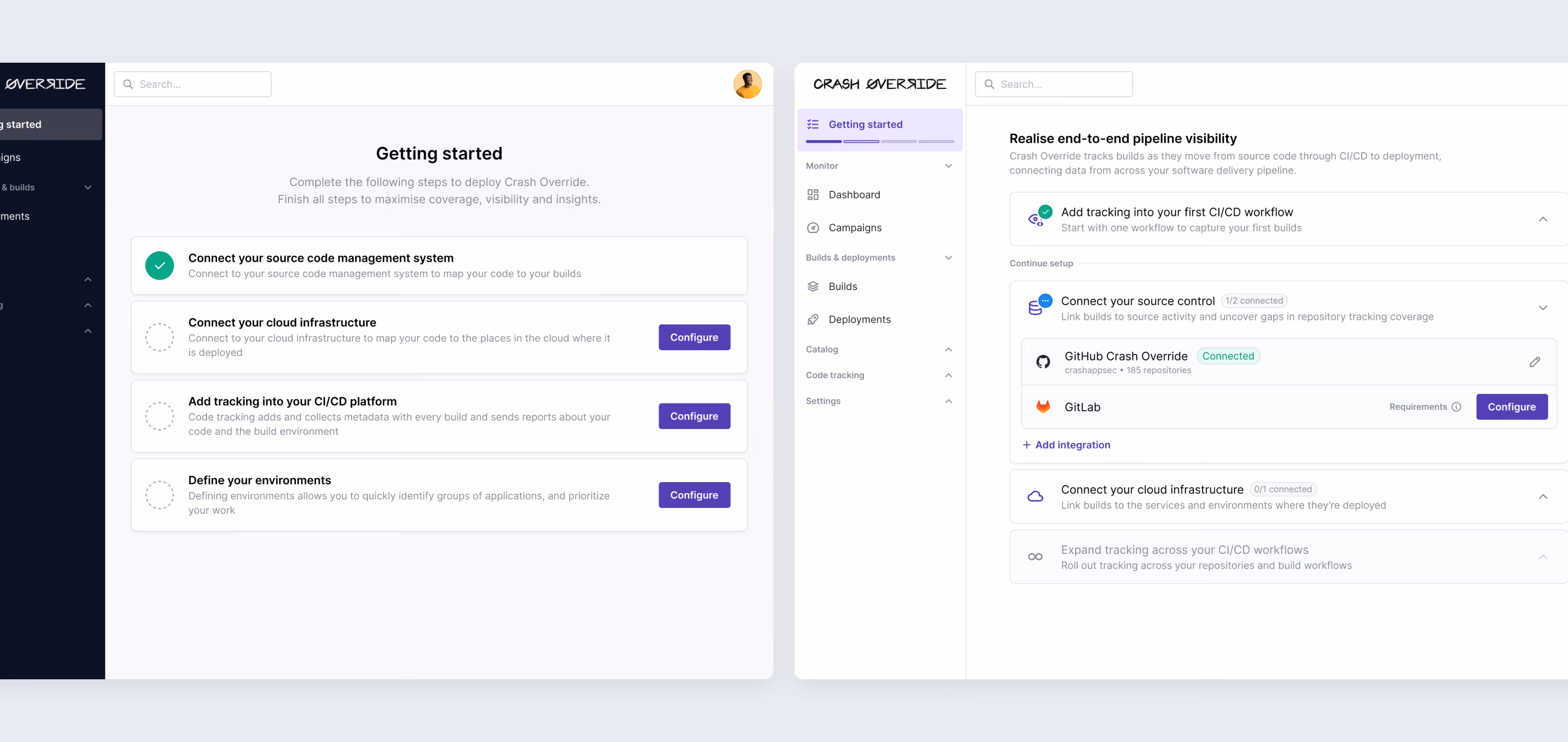 Side-by-side comparison of an older task-list onboarding screen and a newer accordion-based setup dashboard.