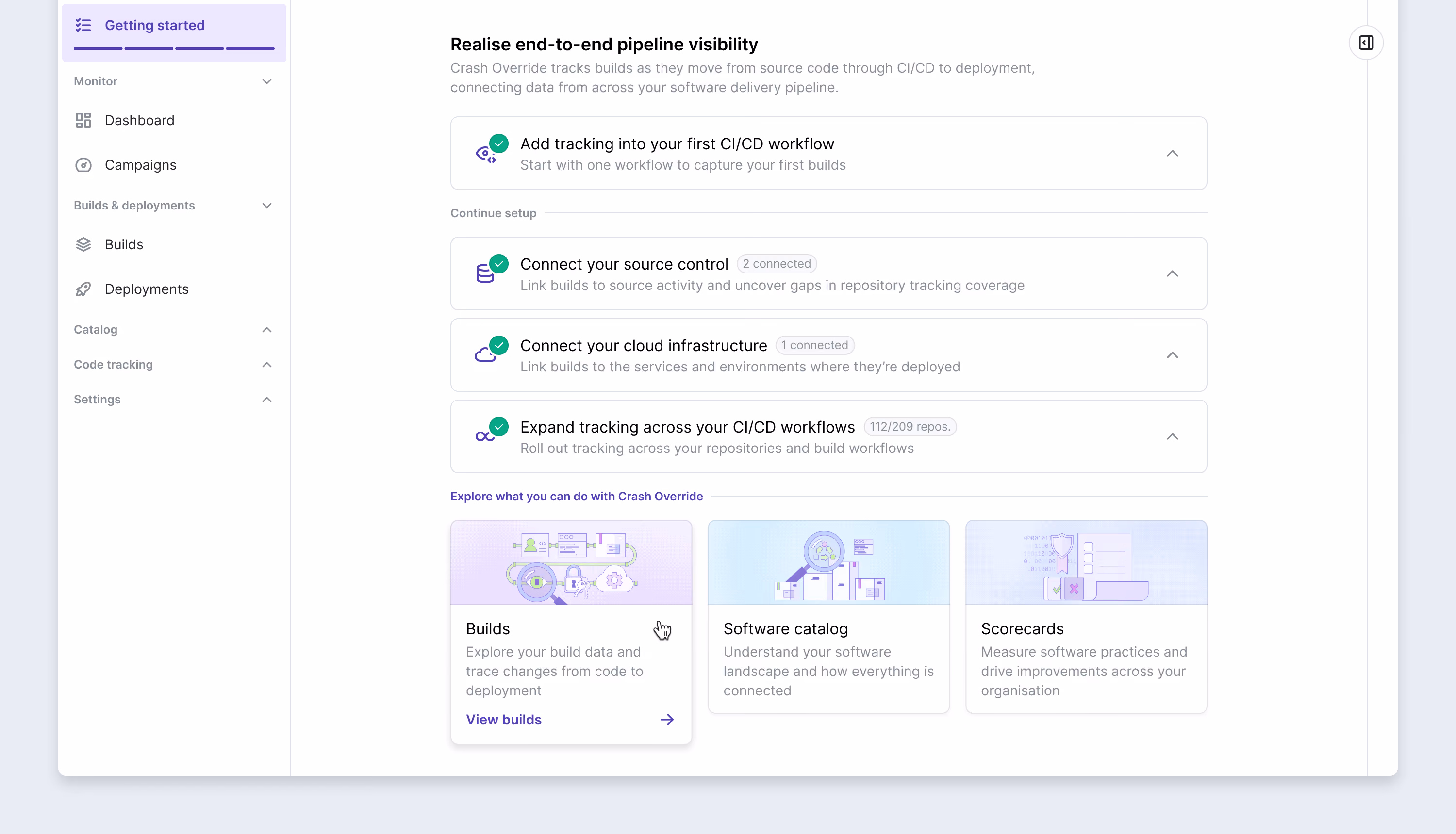 Completed onboarding dashboard with all setup steps checked off and cards linking to Builds, Software catalog, and Scorecards.