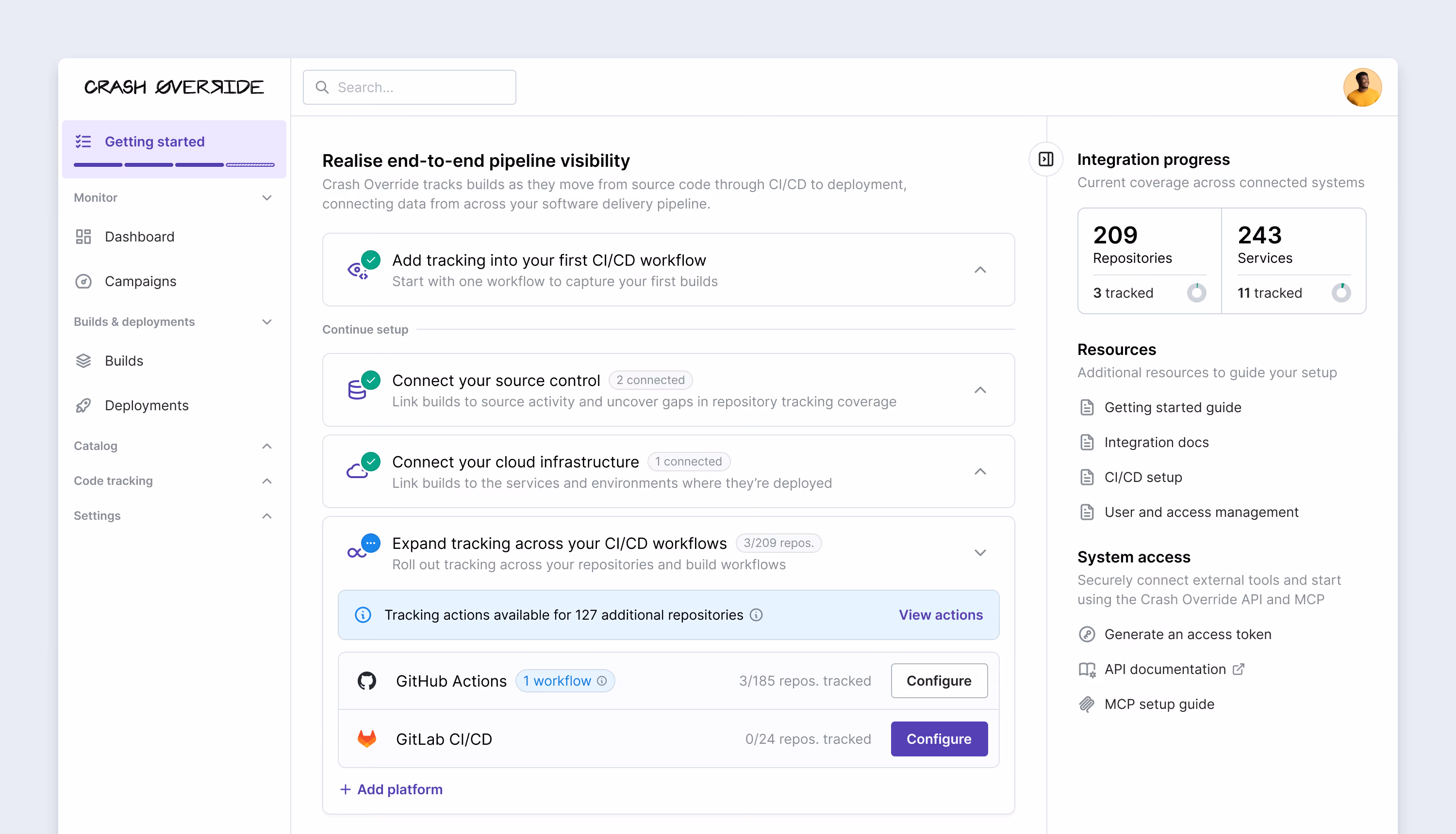 Setup dashboard with an integration-progress panel showing repository and service tracking coverage, resources, and system-access links.