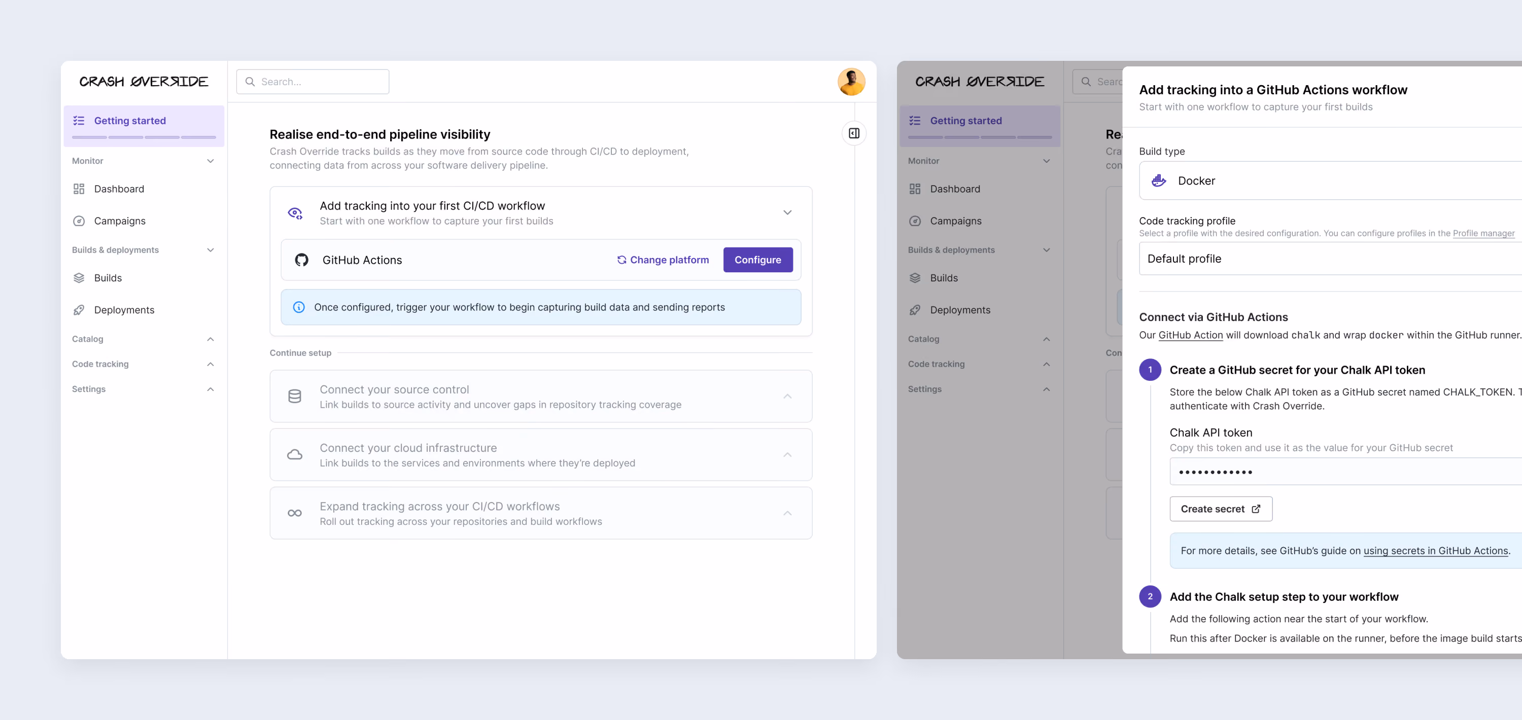 GitHub Actions workflow-tracking configuration panel with instructions to add a Chalk API token and setup step.