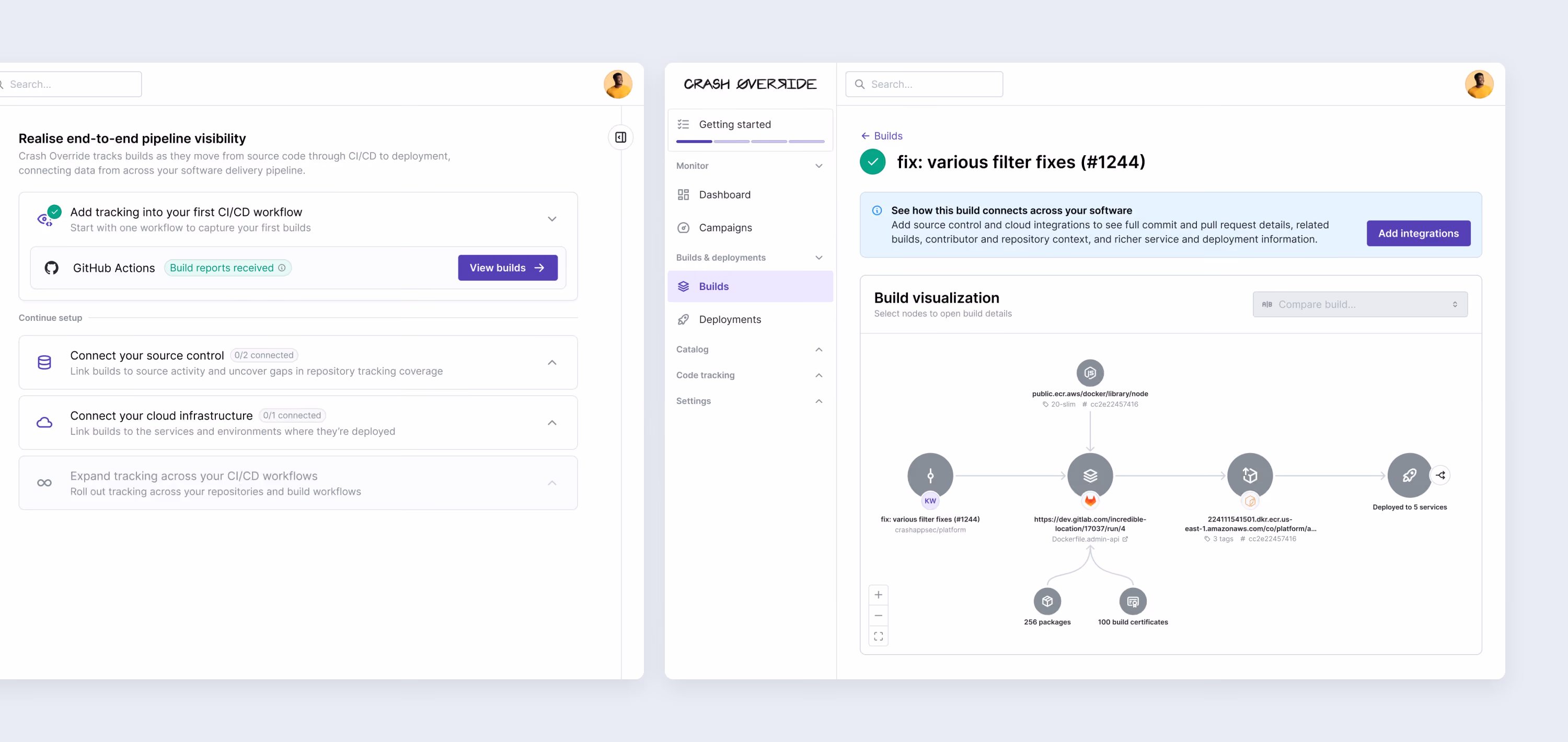 Setup dashboard confirming GitHub Actions build reports have been received, alongside a build-visualisation diagram.