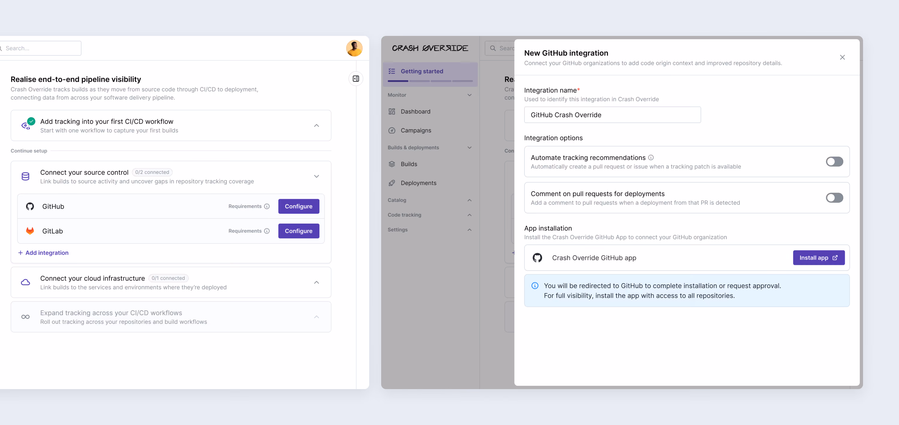 GitHub integration setup panel with tracking-recommendation settings and an option to install the Crash Override GitHub app.