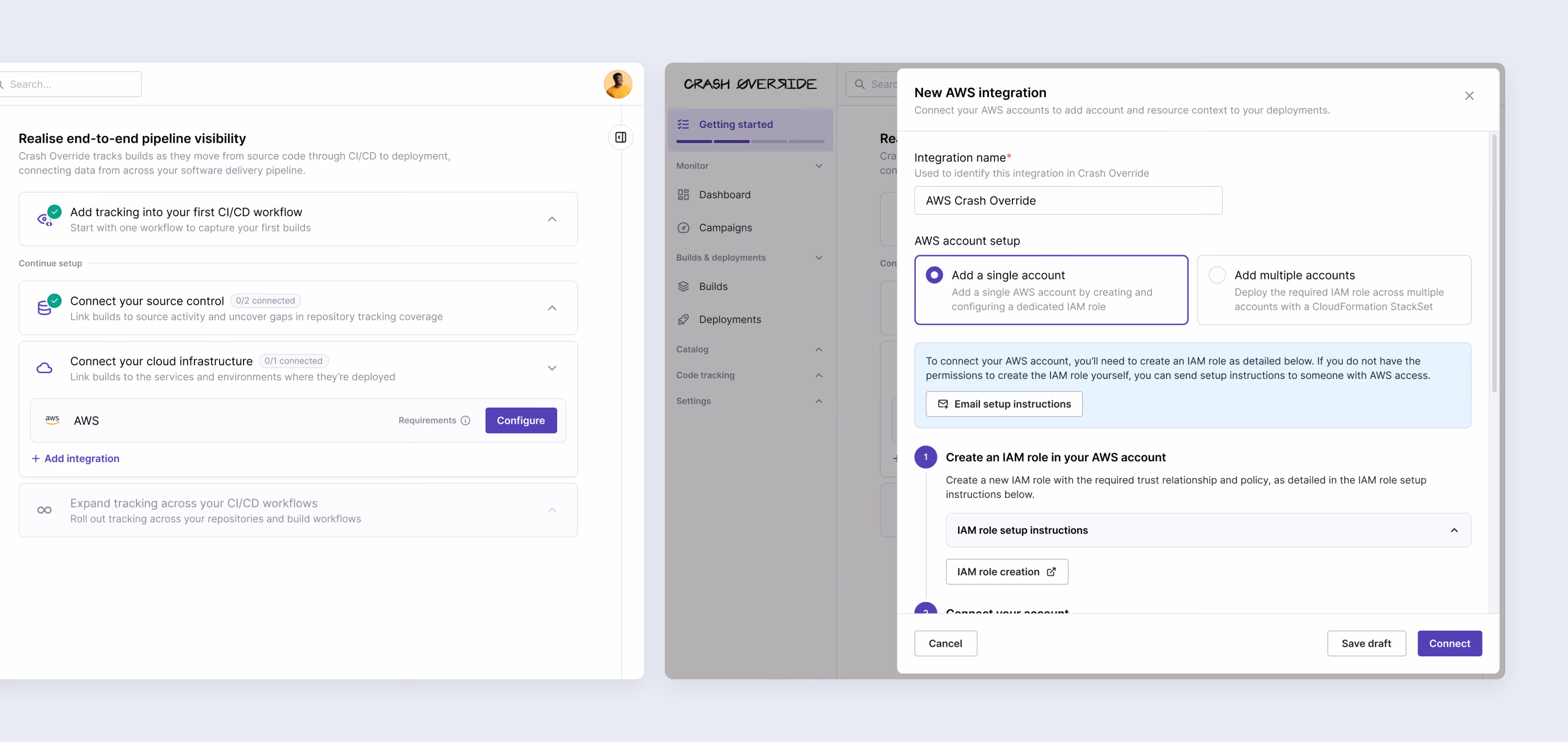 AWS integration setup panel for connecting one or multiple AWS accounts using an IAM role.