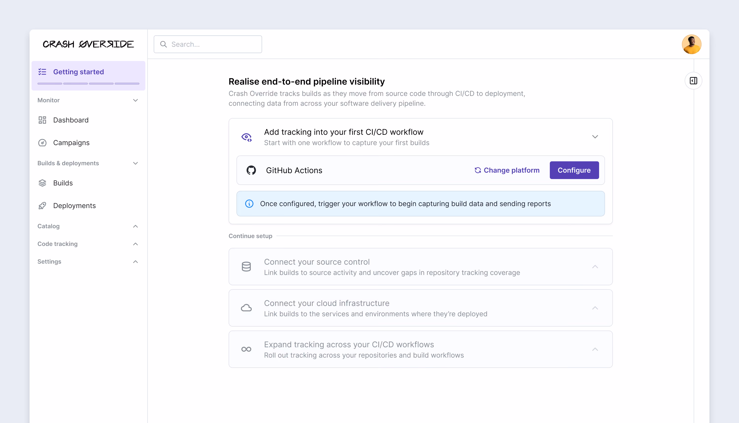 Setup dashboard with GitHub Actions selected as the first CI/CD workflow to configure.