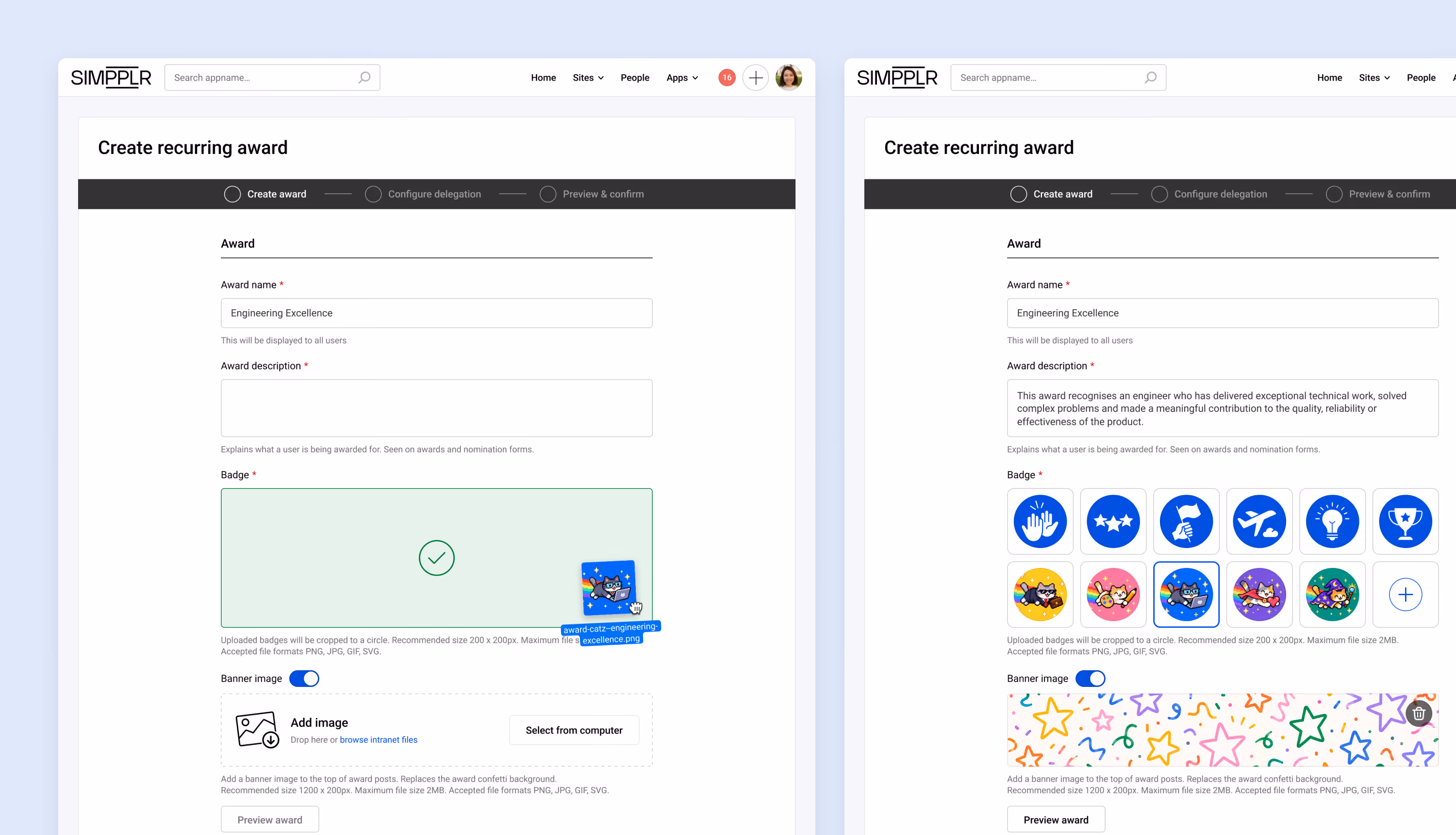 Award-creation form showing badge upload and banner-image selection steps.