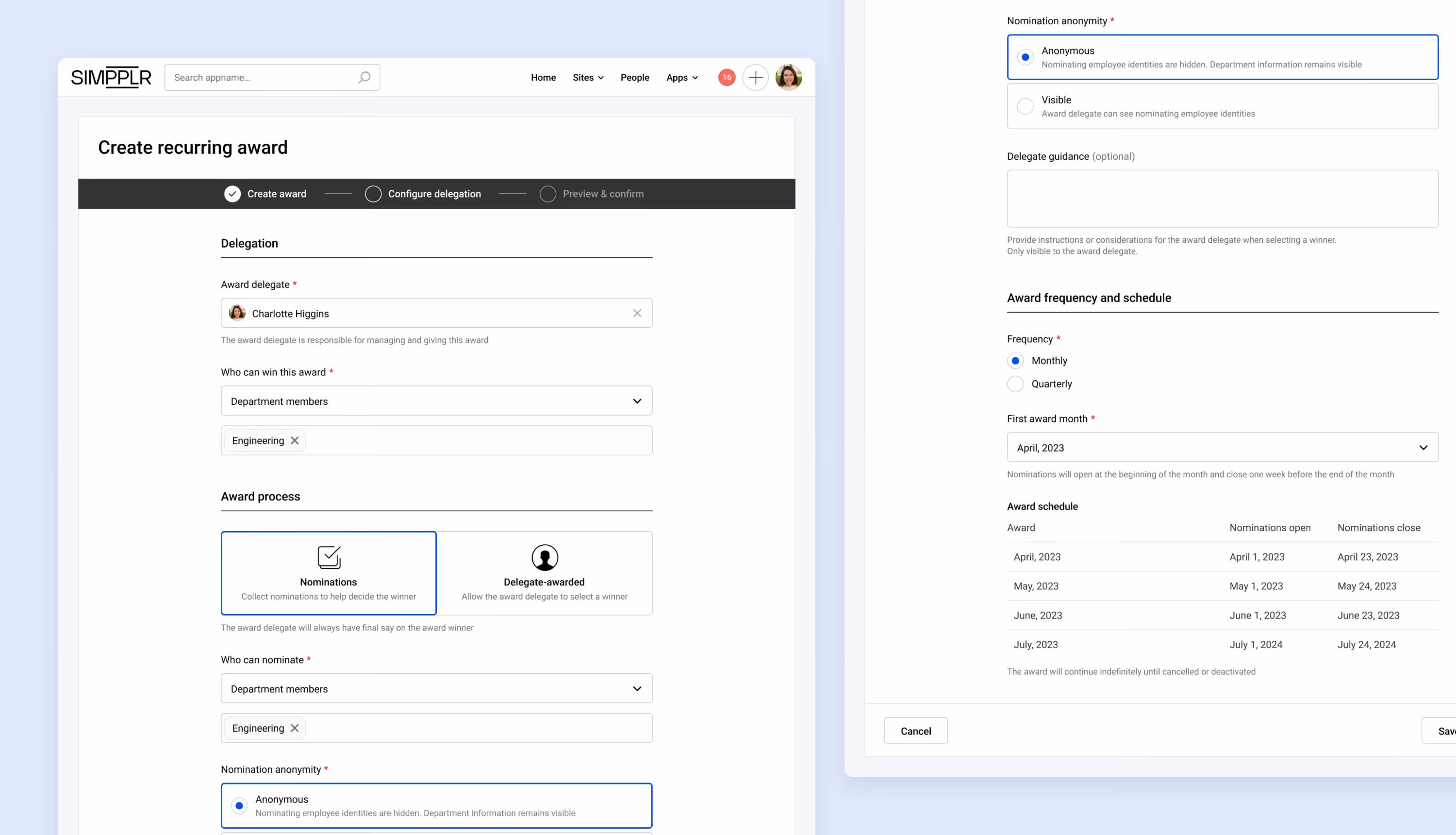 Recurring award delegation setup with eligibility, nomination process, anonymity, frequency, and schedule controls.